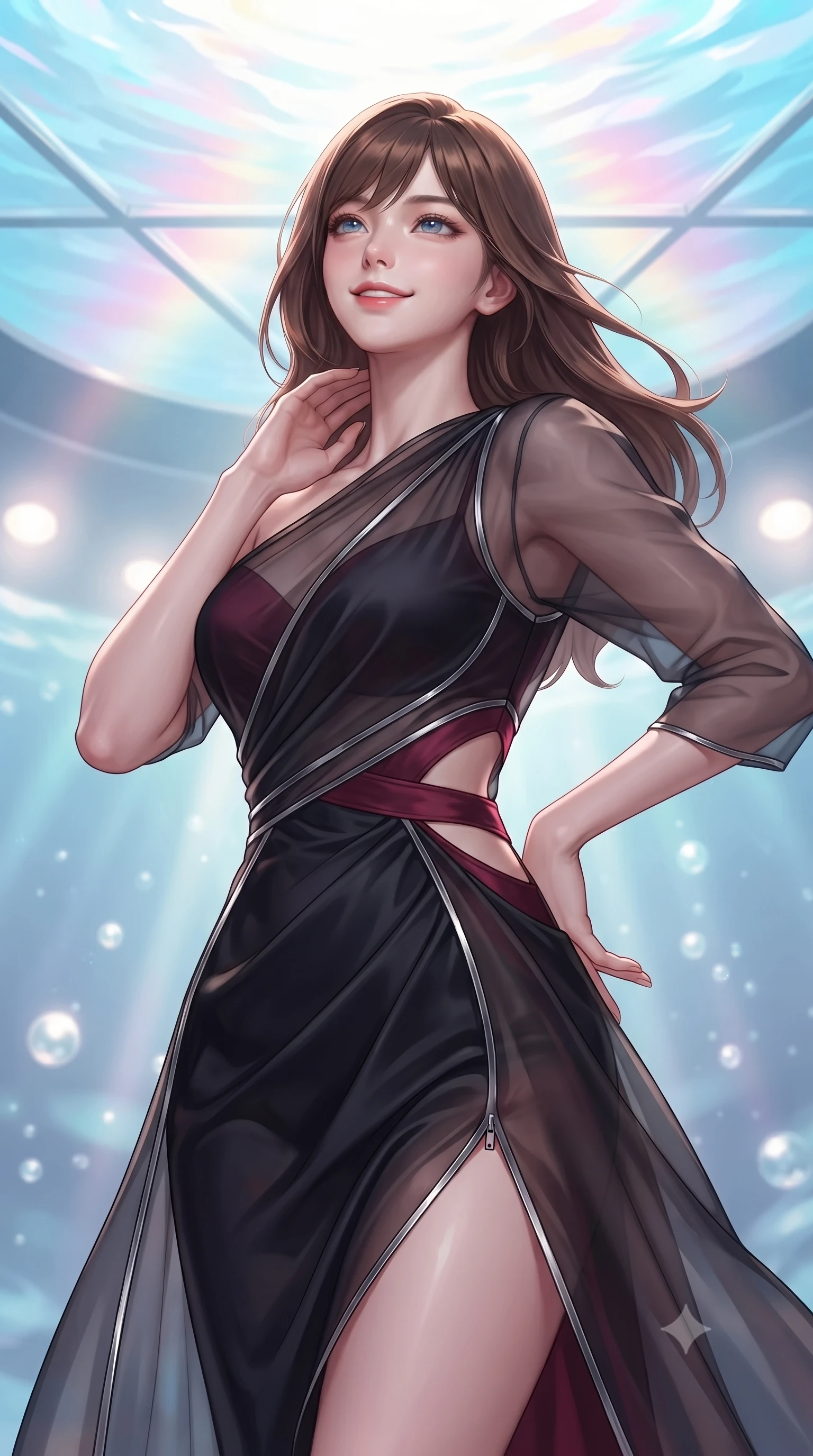 score_9, masterpiece, best quality, ultra-detailed, high-budget anime keyframe, editorial fashion photography, tasteful artistic composition, Korean woman. close-up cowboy shot from the waist and thighs up, the character dominates the composition, filling the frame with her large presence, background elements kept in soft focus. Smiling with quiet, magnetic self-assurance directly into the camera, looking up at the sunlit water surface with a calm, serene expression, glass ceiling reflecting bright ocean light in soft-focus pastel spectrums. She has an exceptionally elegant, slender, and willowy female figure with an ultra-slim waist, a gracefully sculpted slender torso, and a refined silhouette. sharp v-shaped jawline, high-bridge nose, intricate jewel-like eyes with depth, thick eyelashes, glossy lips with a natural sheen. wearing draped obsidian silk gown featuring tasteful waist slit cutouts in deep crimson burgundy, made of sheer dark organza overlay, finished with metallic silver boning and sleek zipper points, sculpting her athletic slender build with refined precision. surrounded by an ethereal underwater aura with bright pearl rim lights. ultra-reflective glossy finish, specular highlights, metallic sheen, high-contrast stereoscopic depth, volumetric dynamic lighting, 2k, ultra detail, master piece, 9:16 ratio