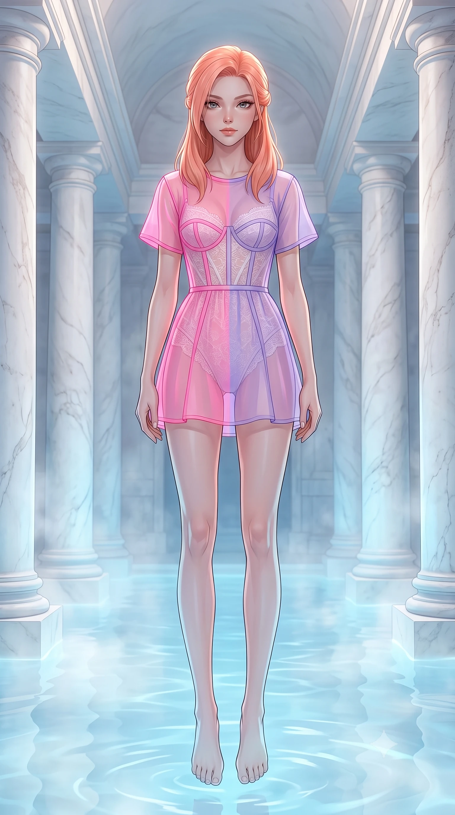 score_9, masterpiece, best quality, ultra-detailed, high-budget anime keyframe, editorial fashion photography, tasteful artistic composition, Japanese woman. low angle full-body shot from head to toe showing her feet, filling the entire 9:16 vertical frame with her statuesque presence, stretching her vertical silhouette. floating with a serene, happy lightness within inside a grand roman bath chamber with columns of white travertine, the steaming thermal waters glowing with an opaline blue light. She has a statuesque 8.5-heads proportion, an exceptionally tall, slender and willowy model-like build with impossibly long legs and a highly sculpted ultra-slim waist. sharp v-shaped jawline, high-bridge nose, intricate jewel-like eyes with depth, thick eyelashes, glossy lips with a natural sheen. wearing a sheer organza mini dress in color-blocked neon pink and lavender, layered over a white lace underlayer with visible corset boning. soft diffused steam light mixed with a gentle blue underwater glow illuminating the white stone columns. 2k, ultra detail, master piece, 9:16 ratio