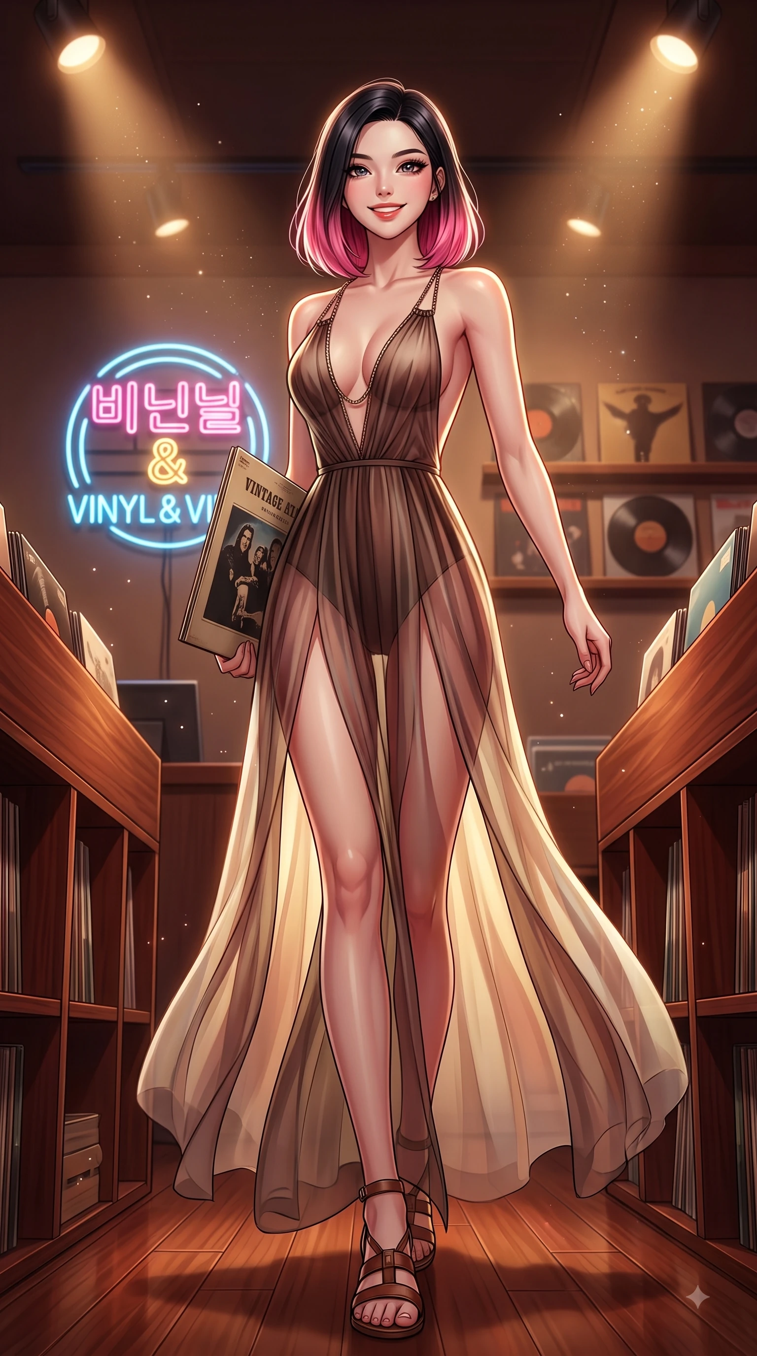 score_9, masterpiece, best quality, ultra-detailed, high-budget anime keyframe, editorial fashion photography, tasteful artistic composition, Korean woman. low angle full-body shot from head to toe showing her feet, filling the entire 9:16 vertical frame with her statuesque presence, stretching her vertical silhouette. stepping forward in a proud dynamic stride with a cheerful beaming smile, her vertical silhouette filling the frame while pivoting dynamically near a neon music sign while holding a vintage record sleeve, soft record store dust sparkling gracefully in warm directional spotlights. She has an absolutely perfect, statuesque 8.5-heads proportion, an exceptionally tall and slender model-like female figure with impossibly long slender legs and an ultra-slim waist. sharp v-shaped jawline, high-bridge nose, intricate jewel-like eyes with depth, thick eyelashes, glossy lips with a natural sheen, flawlessly proportioned anatomical accuracy, natural body alignment, perfectly sculpted elegant limbs, clean dynamic posture without body distortion. wearing a translucent iridescent chiffon gown with a plunging neckline and open back in espresso brown and warm cream, woven from fine semi-opaque sheer organza, adorned with delicate metallic chain straps along the neckline, the tailored fabric tightly following every curve of her athletic build. illuminated by cozy directional spotlights and rich mahogany reflections. highly saturated vibrant anime colors, detailed shading with soft gradients, rich glossy textures, high-contrast stereoscopic depth, volumetric dynamic lighting, master piece, 9:16 ratio