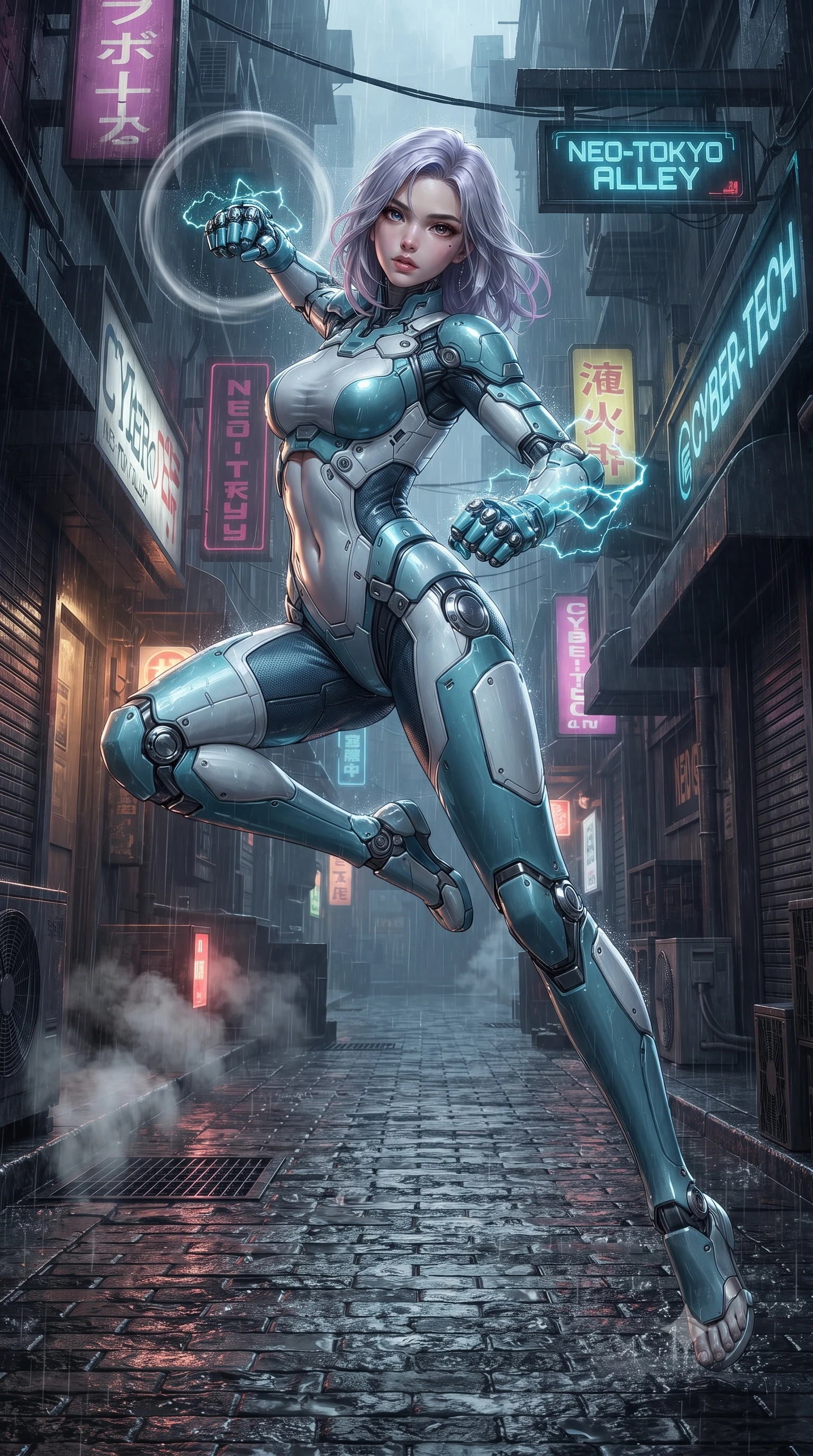 score_9, masterpiece, best quality, ultra-detailed, high-budget anime keyframe, editorial fashion photography, tasteful artistic composition, Caucasian woman. low angle full-body shot from head to toe showing her feet, filling the entire 9:16 vertical frame with her statuesque presence, stretching her vertical silhouette. leaping into mid-air with an athletic yet alluring arch of her spine, driving a downward kinetic strike surrounded by a ring of displaced air while assuming a defensive Panzer Kunst combat stance in a narrow rain-soaked cyberpunk alley as cyan electromagnetic arcs crackle on her elbows. The surrounding environment is rendered in vivid detail and crisp panoramic clarity. high-contrast noir chiaroscuro and atmospheric cyberpunk urban textures captured with precision. She has an absolutely perfect, statuesque 8.5-heads proportion, an exceptionally tall and slender model-like female figure with impossibly long slender legs, a toned flat midriff, and an ultra-slim waist. sharp v-shaped jawline, high-bridge nose, intricate jewel-like eyes with depth, thick eyelashes, glossy lips with a natural sheen, flawlessly proportioned anatomical accuracy, strict slender model proportions, natural body alignment, perfectly sculpted long slender limbs, ultra-slim waistline, clean dynamic posture without body distortion. wearing an ultra-sleek glacial-cyan and white carbon-mesh combat bodysuit with frost-resistant kinetic shock-absorber plating in glacial ice-cyan carbon mesh with pure white armor plates, crafted from ultra-strong woven carbon-fiber composite with a satin luster, detailed with magnetic knuckle shock-absorbers and polished chrome articulation joints, the precision-cut daring openings accentuating her delicate midriff, graceful bare collarbones, and ultra-slim feminine waistline. surrounded by a dangerous, gritty, and intensely captivating martial femme-fatale noir aura. ultra-reflective glossy finish, specular highlights, dark metallic sheen, high-contrast stereoscopic depth, volumetric dynamic lighting, 2k, ultra detail, master piece, 9:16 ratio