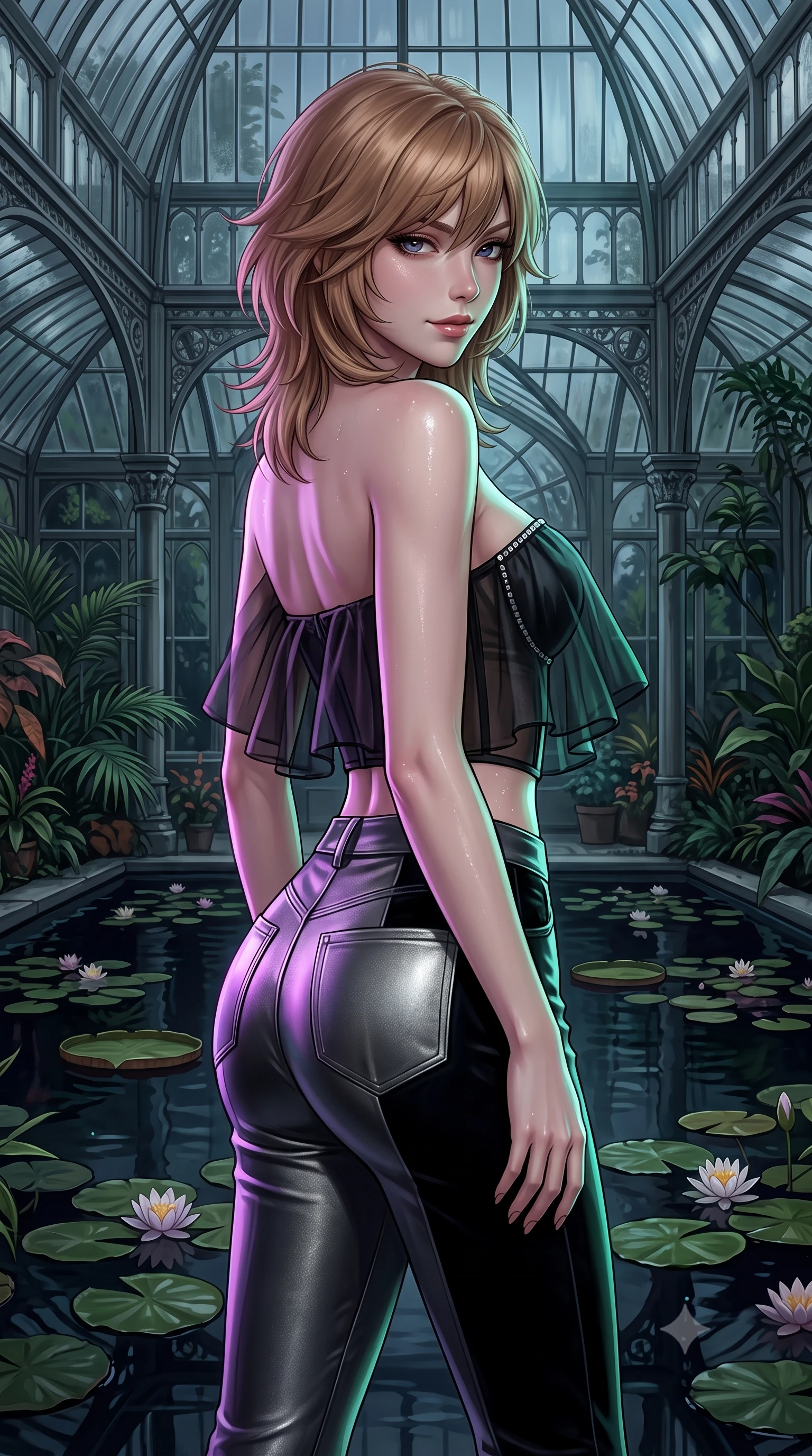 score_9, masterpiece, best quality, ultra-detailed, high-budget anime keyframe, semi-realistic 3D game render, editorial fashion photography, tasteful artistic composition, Korean woman. close-up cowboy shot from the waist and thighs up, the character dominates the composition, filling the frame with her large presence. posing in an alluring rear three-quarter angle, turning over a bare shoulder with an intoxicating, smoldering gaze, her hips cocked back to highlight her slim hourglass curve while twisting her slender torso in an alluring S-curve beside a tranquil dark lily pool, subtle neon reflections tracing her curvy hips and flat midriff. The surrounding environment is rendered in vivid detail and crisp panoramic clarity. detailed outfit drape, moisture sheen on skin, and Victorian glasshouse architecture in high clarity. She has an exceptionally elegant, slender, and willowy female figure with an ultra-slim waist, flat toned midriff, narrow ribcage, and sculpted feminine hips creating an alluring, slim hourglass silhouette without bulk. sharp v-shaped jawline, high-bridge nose, intricate jewel-like dark sparkling eyes with dangerous depth, thick curled eyelashes, glossy parted lips with a rich wine sheen, smoldering seductive half-smile with bedroom-eyes, exuding effortless superiority and intoxicating dark allure, flawlessly proportioned anatomical accuracy, strict slender model proportions, natural body alignment, perfectly sculpted long slender limbs, ultra-slim waistline, clean dynamic posture without body distortion. wearing a cropped structured bodice top paired with ultra-fitted high-waisted leather trousers tracing her hips in shimmering pewter and noir velvet black, crafted from layered gossamer black organza with weightless, smoky flutter, finished with subtle crystal rhinestones lining the plunging neckline, the form-fitting cut adhering flawlessly to her sculpted flat midriff and slender torso, emphasizing her long leg lines and perfectly proportioned willowy build. bathed in moody ultraviolet and deep emerald ambient backlights filtering through soaring glass panes. highly saturated vibrant anime colors, detailed shading with soft gradients, rich glossy textures, high-contrast stereoscopic depth, volumetric dynamic lighting, master piece, 9:16 ratio