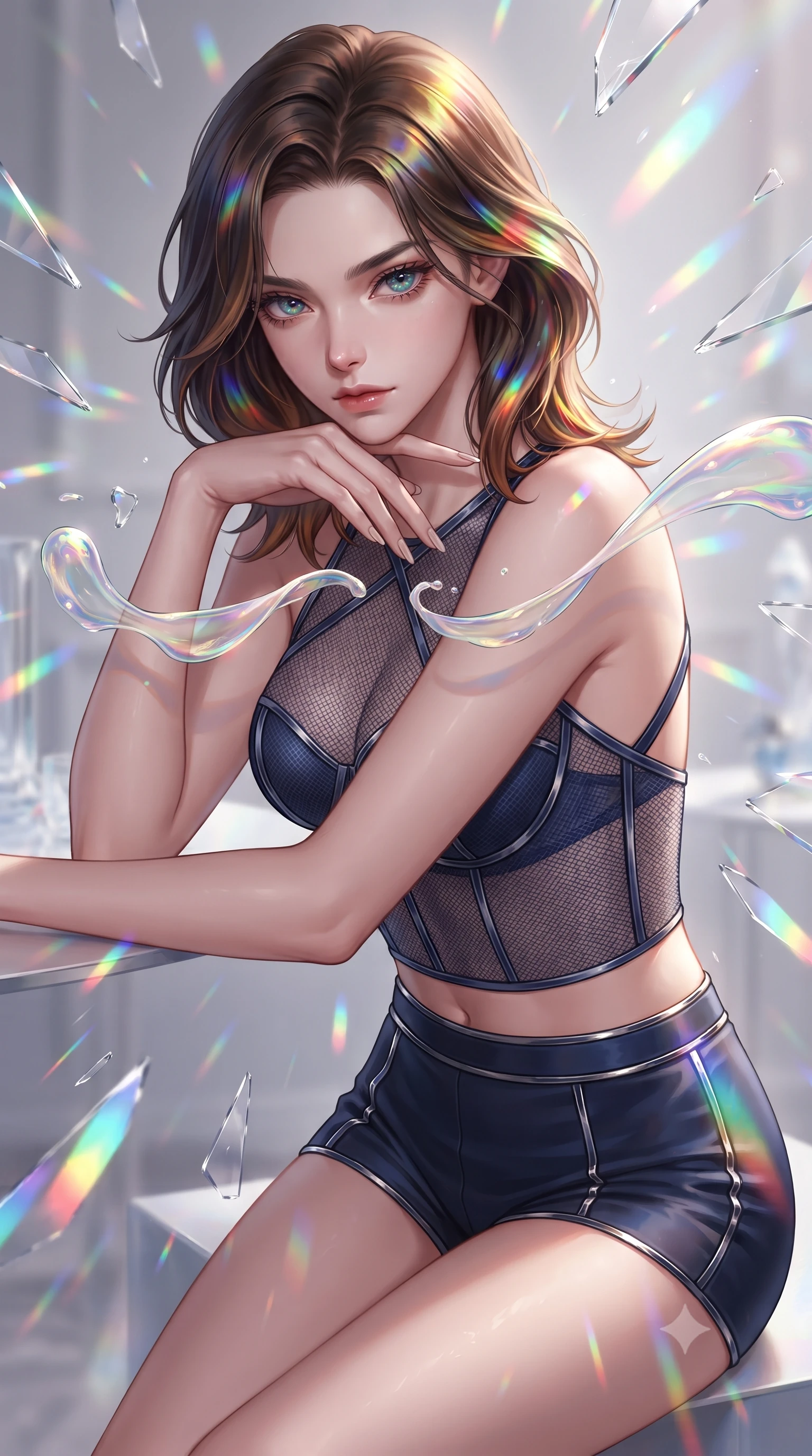 score_9, masterpiece, best quality, ultra-detailed, high-budget anime keyframe, editorial fashion photography, tasteful artistic composition, Korean woman. close-up cowboy shot from the waist and thighs up, the character dominates the composition, filling the frame with her large presence, background elements kept in soft focus. Resting her chin on the backs of her fingers, casting a sharp, mysterious gaze guiding viscous opal paint ribbons hovering gracefully in mid-air, shattered mirror shards scattering brilliant rainbow reflections everywhere. She has an exceptionally elegant, slender, and willowy female figure with an ultra-slim waist, a gracefully sculpted slender torso, and a refined silhouette. sharp v-shaped jawline, high-bridge nose, intricate jewel-like eyes with depth, thick eyelashes, glossy lips with a natural sheen. wearing a delicate see-through mesh top with structured cup boning and micro-shorts in midnight navy blue and chrome trim, made of fine carbon-fiber weave and soft matte leather, complemented by criss-cross back straps highlighting her bare shoulders, the tailored fabric tightly following every curve of her athletic build. illuminated by brilliant multi-color rainbow light refracting through glass. highly saturated vibrant anime colors, detailed shading with soft gradients, rich glossy textures, high-contrast stereoscopic depth, volumetric dynamic lighting, master piece, 9:16 ratio