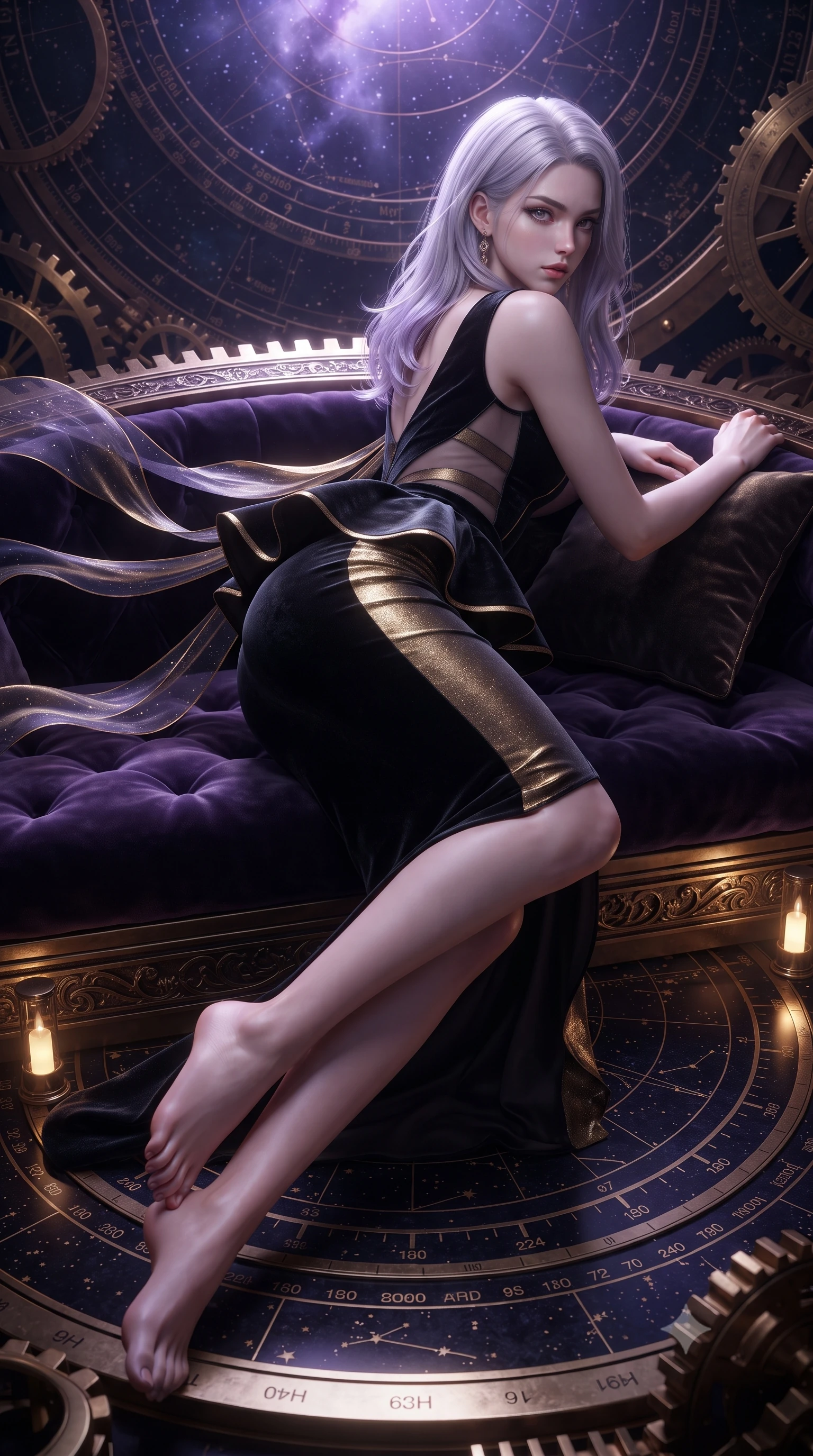 score_9, masterpiece, best quality, ultra-detailed, high-budget anime keyframe, editorial fashion photography, tasteful artistic composition, Caucasian woman. low angle full-body shot from head to toe showing her feet, filling the entire 9:16 vertical frame with her statuesque presence, stretching her vertical silhouette. sitting perched on the elevated ledge with hips angled toward the camera and legs crossed, displaying her toned midriff and flawlessly sculpted slender limbs while reclining on a velvet-lined observation platform propped on one elbow, looking back over her shoulder with an intoxicating bedroom-gaze. The surrounding environment is rendered in vivid detail and crisp panoramic clarity. sharp brass gear teeth, engraved celestial coordinate rings, and star map typography in deep focus. She has an absolutely perfect, statuesque 8.5-heads proportion, an exceptionally tall and slender model-like female figure with impossibly long slender legs, a toned flat midriff, an ultra-slim waist, and beautifully sculpted feminine hips. sharp v-shaped jawline, high-bridge nose, intricate jewel-like eyes with depth, thick eyelashes, glossy parted lips with a natural sheen, intensely captivating and seductive bedroom-eyes expression, flawlessly proportioned anatomical accuracy, strict slender model proportions, natural body alignment, perfectly sculpted long slender limbs, ultra-slim waistline, clean dynamic posture without body distortion. wearing a structural geometric peplum gown with sheer side-ribbon cutouts and form-fitting skirt in midnight obsidian black and liquid stardust gold, crafted from heavyweight crushed silk velvet with liquid frost luster, complemented by floating celestial silk ribbons catching the nebula light, the precision-cut side openings and low-back scoop framing her graceful spine and the sensual sweep of her hips. bathed in cool violet nebula glow from above and warm golden brass indicator uplights. ultra-reflective glossy finish, specular highlights, rich textural contrasts, high-contrast stereoscopic depth, volumetric dynamic lighting, 2k, ultra detail, master piece, 9:16 ratio