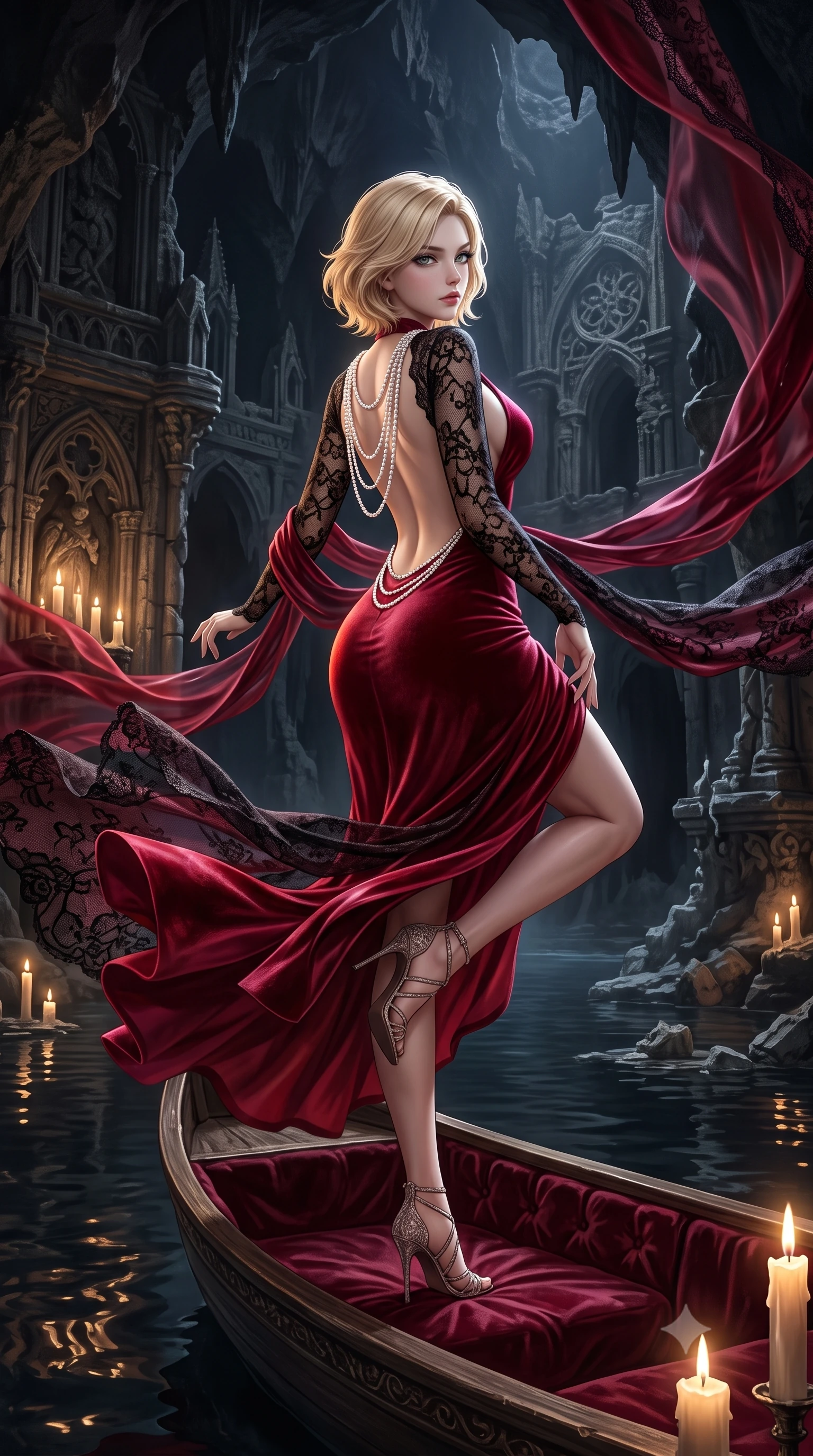 score_9, masterpiece, best quality, ultra-detailed, high-budget anime keyframe, semi-realistic 3D game render, editorial fashion photography, tasteful artistic composition, Caucasian woman. low angle full-body shot from head to toe showing her feet, filling the entire 9:16 vertical frame with her statuesque presence, stretching her vertical silhouette. executing an elegant mid-motion pivot turn as garments swirl around her slender limbs, glancing over her shoulder with an intoxicating bedroom-gaze while reclining languidly on an antique velvet-lined skiff floating on the subterranean black lake, arching her spine with one knee bent as candlelight traces her curvy hips. The surrounding environment is rendered in vivid detail and crisp panoramic clarity. intense theatrical chiaroscuro and decadent gothic romance aesthetics rendered with precision. She has an exceptionally tall and slender model-like 8.5-heads proportion, an ultra-slim waist, a flat toned midriff, narrow delicate ribcage, and beautifully sculpted feminine hips creating a graceful, slim hourglass silhouette without any bulky heaviness, with impossibly long slender legs. sharp v-shaped jawline, high-bridge nose, intricate jewel-like eyes with depth, thick eyelashes, glossy parted lips with a natural sheen, intensely captivating and seductive bedroom-eyes expression, flawlessly proportioned anatomical accuracy, strict slender model proportions, natural body alignment, perfectly sculpted long slender limbs, ultra-slim waistline, clean dynamic posture without body distortion. wearing a plunging-V neckline crushed crimson velvet opera gown with delicate black lace sleeves and bare back in phantom obsidian black and blood-red velvet, formed from supple second-skin lambskin leather with specular sheen, accented with a multi-strand pearl back necklace cascading down her bare spine to her hips, the precision-cut side openings and low-back scoop framing her graceful spine and the sensual sweep of her slim, toned hips. surrounded by an immortal, seductive, and dangerously mesmerizing underground opera queen aura. highly saturated vibrant anime colors, detailed shading with soft gradients, rich glossy textures, high-contrast stereoscopic depth, volumetric dynamic lighting, master piece, 9:16 ratio