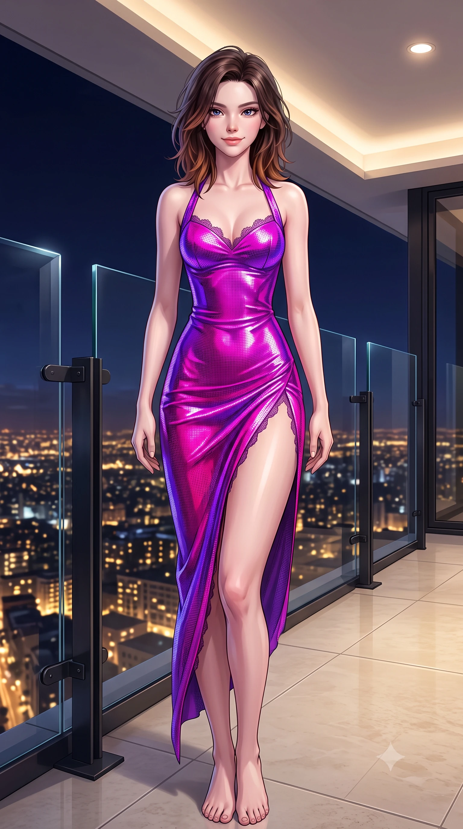 score_9, masterpiece, best quality, ultra-detailed, high-budget anime keyframe, semi-realistic 3D game render, editorial fashion photography, tasteful artistic composition, Korean woman. close-up cowboy shot from the waist and thighs up, the character dominates the composition, filling the frame with her large presence. turning slowly with an enchanting smoldering smile, her glossy hair tossing in the breeze as her hips angle gracefully in a captivating contrapposto while lounging in the custom Italian outdoor daybed propped on one elbow with legs extended, her statuesque 8.5-heads silhouette dominating the nocturnal horizon. The surrounding environment is rendered in vivid detail and crisp panoramic clarity: sharp frameless glass railing edge bevels, honed limestone floor joints, and blackened metal structural brackets in deep focus. She has an exceptionally elegant, slender, and willowy female figure with an ultra-slim waist, flat toned midriff, narrow ribcage, and sculpted feminine hips creating an alluring, slim hourglass silhouette without bulk. sharp v-shaped jawline, high-bridge nose, intricate jewel-like sparkling eyes with depth, thick eyelashes, glossy parted lips with a natural peach sheen, bright cheerful beaming smile with an enchanting and coquettish sensual glint, exuding both youthful cute charm and seductive allure, flawlessly proportioned anatomical accuracy, strict slender model proportions, natural body alignment, perfectly sculpted long slender limbs, ultra-slim waistline, clean dynamic posture without body distortion. wearing a backless halterneck cocktail dress with deep scoop back down to her lower spine and thigh-high slit in Supertree bioluminescent magenta and electric violet, crafted from stretch micro-mesh with liquid foil coating that shimmers with every movement, finished with scalloped eyelash lace trim framing her sweetheart neckline with intimate elegance, the form-contouring silhouette accentuating her sculpted flat midriff, narrow delicate ribcage, and gracefully curvy hips with intoxicating allure. bathed in the dramatic contrast of golden city lights below and dim 2800K recessed interior cove downlights. highly saturated vibrant anime colors, detailed shading with soft gradients, rich glossy textures, high-contrast stereoscopic depth, volumetric dynamic lighting, master piece, 9:16 ratio