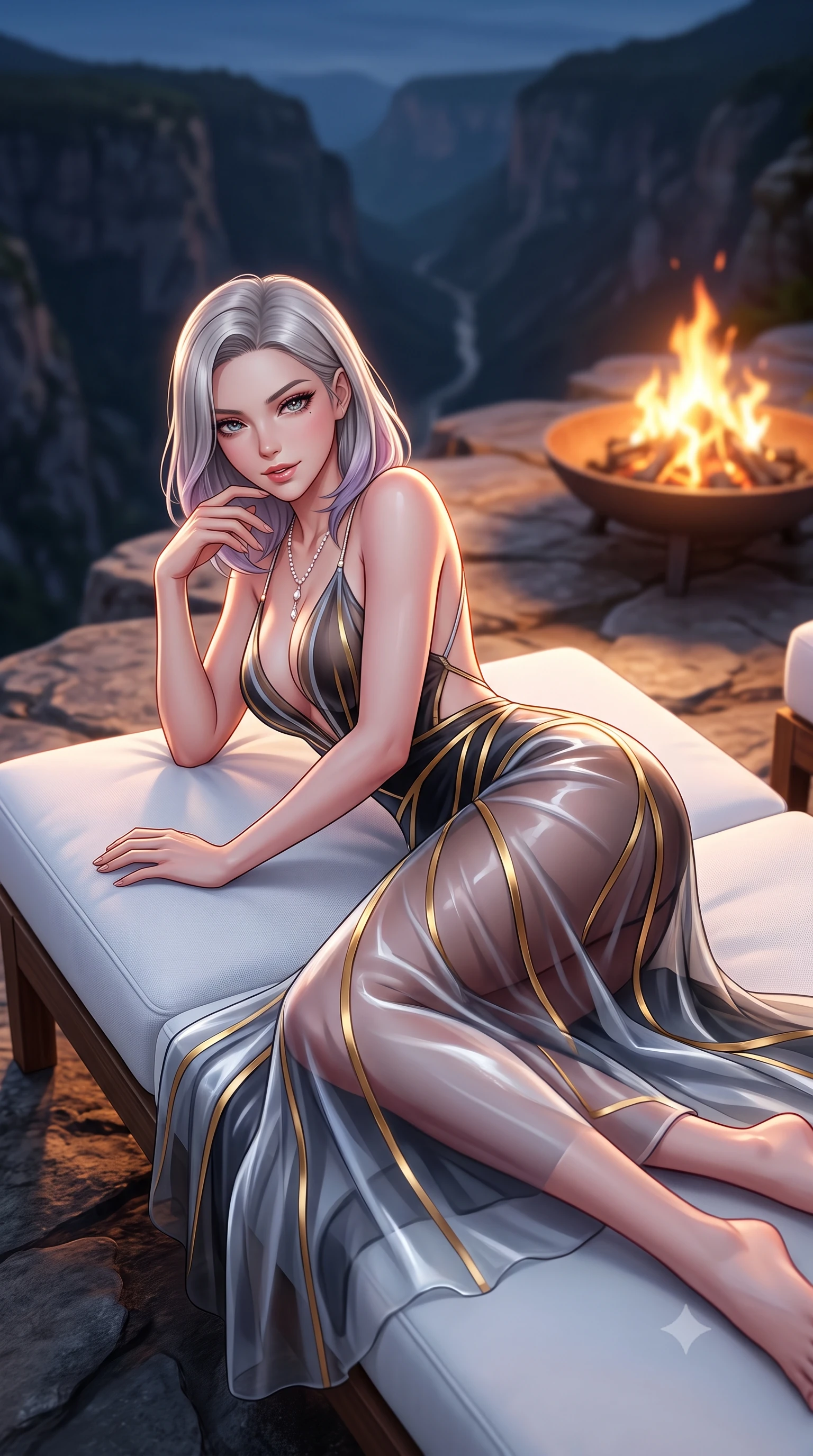 score_9, masterpiece, best quality, ultra-detailed, high-budget anime keyframe, semi-realistic 3D game render, editorial fashion photography, tasteful artistic composition, Caucasian woman. close-up cowboy shot from the waist and thighs up, the character dominates the composition, filling the frame with her large presence. leaning forward while arching her lower back to accentuate her curvy hips, looking into the camera with an intoxicating smoldering gaze and bedroom-eyes while lounging in the modern white daybed propped on one elbow with legs extended, displaying her long slender limbs and statuesque hourglass silhouette against the gorge. The background shows a soft-focus dancing fire pit flames softened in dramatic mountain clifftop shallow focus. She has an exceptionally elegant, slender, and willowy female figure with an ultra-slim waist, flat toned midriff, narrow ribcage, and sculpted feminine hips creating an alluring, slim hourglass silhouette without bulk. sharp v-shaped jawline, high-bridge nose, intricate jewel-like sparkling eyes with depth, thick eyelashes, glossy parted lips with a natural peach sheen, bright cheerful beaming smile with an enchanting and coquettish sensual glint, exuding both youthful cute charm and seductive allure, flawlessly proportioned anatomical accuracy, strict slender model proportions, natural body alignment, perfectly sculpted long slender limbs, ultra-slim waistline, clean dynamic posture without body distortion. wearing a plunge-front sheer illusion tulle slip dress with liquid gold ribbon stripes hugging her curves in Vik black sand obsidian and glacier crystal silver, crafted from translucent silk organza with an ethereal crystalline sheen, accented with a pearl-drop body harness subtly framing her dewy collarbones and spine, the precision-cut side openings and low-back scoop framing her graceful spine and the sensual sweep of her slim, toned hips. illuminated by stone deck bounce and sharp copper-gold rim lights sculpting her jawline, narrow waist, and curvy hips. highly saturated vibrant anime colors, detailed shading with soft gradients, rich glossy textures, high-contrast stereoscopic depth, volumetric dynamic lighting, master piece, 9:16 ratio
