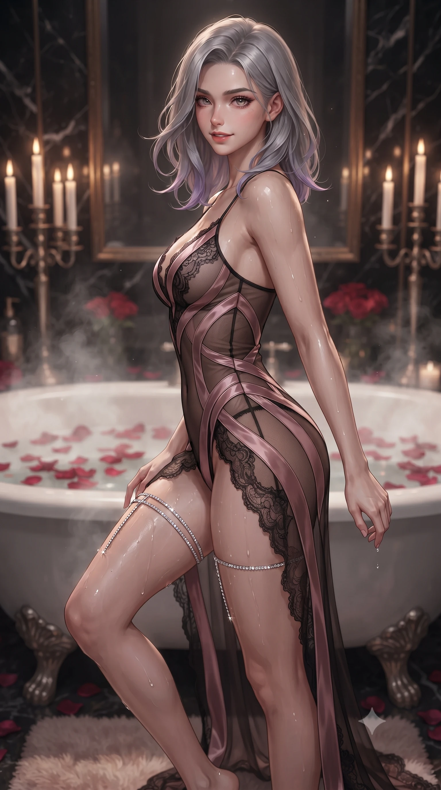 score_9, masterpiece, best quality, ultra-detailed, high-budget anime keyframe, editorial fashion photography, tasteful artistic composition, Caucasian woman. close-up cowboy shot from the waist and thighs up, the character dominates the composition, filling the frame with her large presence. turning slowly with an enchanting smoldering smile, her glossy hair tossing in the breeze as her hips angle gracefully in a captivating contrapposto while stepping out onto the bath mat with water glistening on her thighs, glancing over her shoulder with an alluring, parted-lip smile. The background shows a soft-focus steaming bathwater blanketed with crimson rose petals, tall candelabras, and dark marble mirrors blurred into rose, honey, and obsidian bokeh. She has an exceptionally elegant, slender, and willowy female figure with an ultra-slim waist, flat toned midriff, narrow ribcage, and sculpted feminine hips creating an alluring, slim hourglass silhouette without bulk. sharp v-shaped jawline, high-bridge nose, sparkling eyes with hypnotic seductive depth, thick curled eyelashes, glossy parted lips with a natural dewy peach sheen, alluring bedroom-eyes with an enchanting coquettish smile, exuding magnetic siren charisma and sophisticated glamour, flawlessly proportioned anatomical accuracy, strict slender model proportions, natural body alignment, perfectly sculpted long slender limbs, ultra-slim waistline, clean dynamic posture without body distortion. wearing a provocative sheer illusion mesh vampire gown with liquid satin ribbons contouring her hourglass curves in dusky blush rose and antique black lace, made of semi-opaque stretch illusion mesh with soft shadowy contours, finished with delicate crystal-encrusted thigh garter straps glinting under the lights, the liquid-tight tailored fabric clinging flawlessly to her narrow waist and rounded feminine hips, emphasizing every millimeter of her sculpted slim hourglass curves without any bulky heaviness. illuminated by bathwater reflection bounce and sharp warm-gold rim lights defining her delicate clavicles, ultra-slim waist, and curvy hips. ultra-reflective glossy finish, specular highlights, rich textural contrasts, high-contrast stereoscopic depth, volumetric dynamic lighting, 2k, ultra detail, master piece, 9:16 ratio