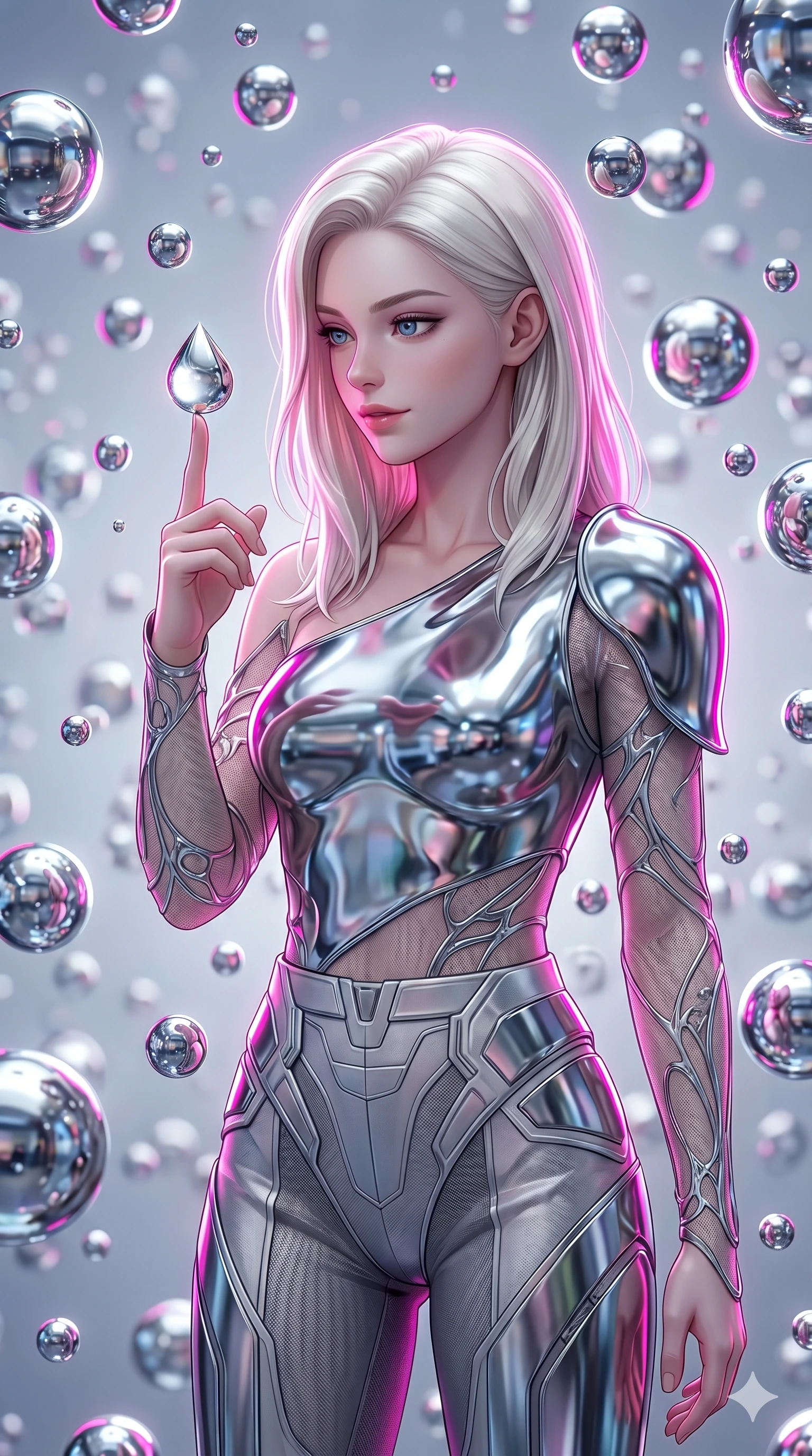 score_9, masterpiece, best quality, ultra-detailed, high-budget anime keyframe, editorial fashion photography, tasteful artistic composition, Caucasian woman, strictly human ears. Upper body close-up from the thighs up, character filling the screen for maximum presence. Inside a digital void, surrounded by floating chrome droplets, catching a droplet on her finger with a fascinated, gentle expression. She is wearing an asymmetrical liquid-chrome top with sheer sleeves and high-waisted pants. The scene is lit by bright white key lights and sharp magenta rim lighting. 2k, ultra detail, master piece, 9:16 ratio