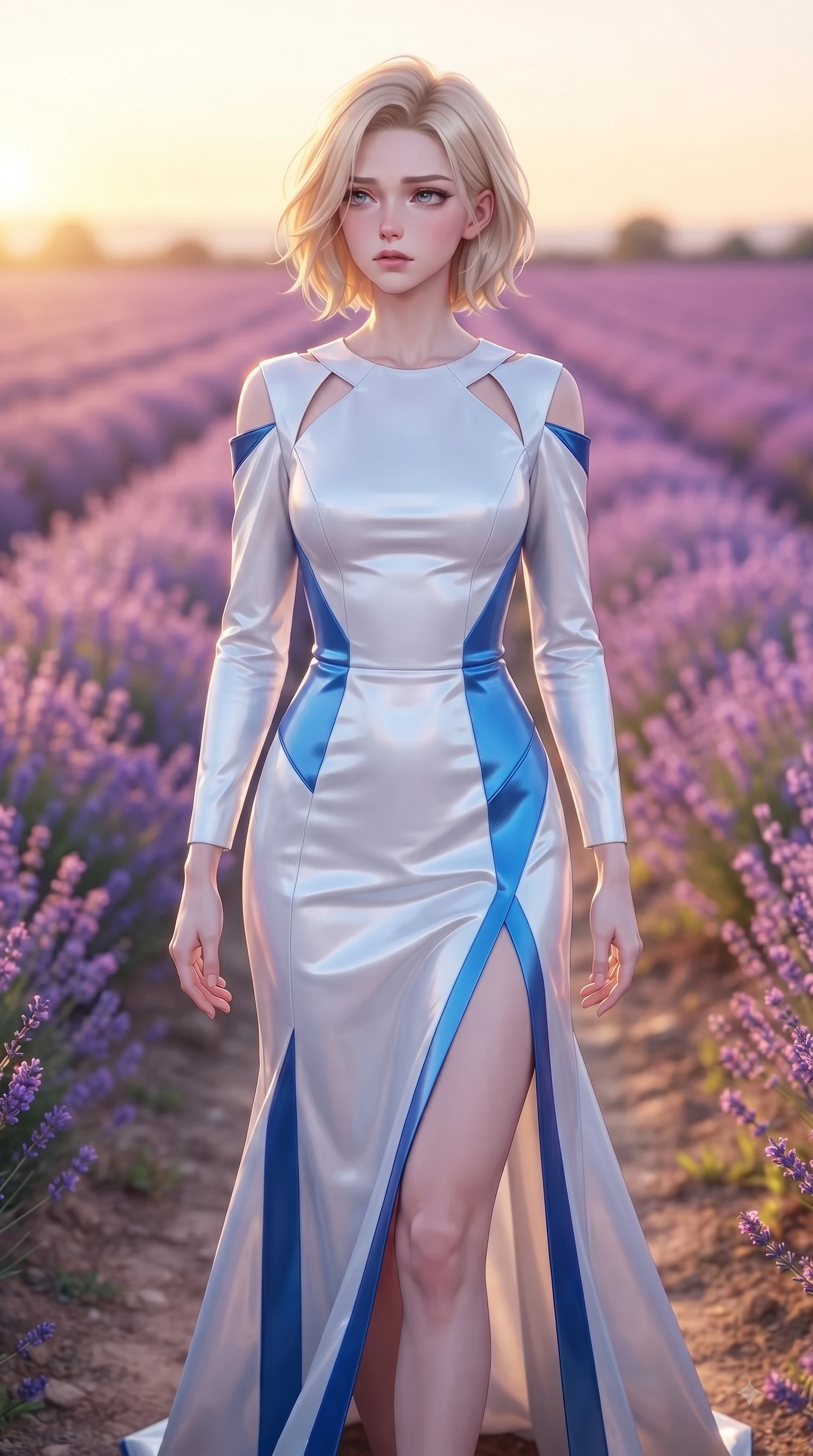 score_9, masterpiece, best quality, ultra-detailed, high-budget anime keyframe, editorial fashion photography, tasteful artistic composition, Caucasian woman. close-up cowboy shot from the waist and thighs up, the character dominates the composition, filling the frame with her large presence. Wistful sorrowful gaze looking distant with a delicate melancholy and emotional depth in her eyes while stepping along a dirt path flanked by vibrant blossoms with an ethereal editorial grace. The composition keeps background elements in soft focus with dreamy bokeh. endless violet lavender rows and golden sunset clouds blurred into dreamy pastel bokeh. She has an exceptionally elegant, slender, and willowy female figure with an ultra-slim waist, a gracefully sculpted slender torso, and a refined silhouette. sharp v-shaped jawline, high-bridge nose, intricate jewel-like eyes with depth, thick eyelashes, glossy lips with a natural sheen, flawlessly proportioned anatomical accuracy, natural body alignment, perfectly sculpted elegant limbs, clean dynamic posture without body distortion. wearing a dramatic black velvet evening gown with a high leg slit and subtle shoulder cutouts in electric azure blue and cloud white, tailored from crisp high-density cotton poplin, complemented by clean architectural seams and subtle cutouts, the chic fashion cut framing her graceful clavicle and slender torso. bathed in ethereal twilight glow and warm golden sunset horizon light. ultra-reflective glossy finish, specular highlights, metallic sheen, high-contrast stereoscopic depth, volumetric dynamic lighting, 2k, ultra detail, master piece, 9:16 ratio