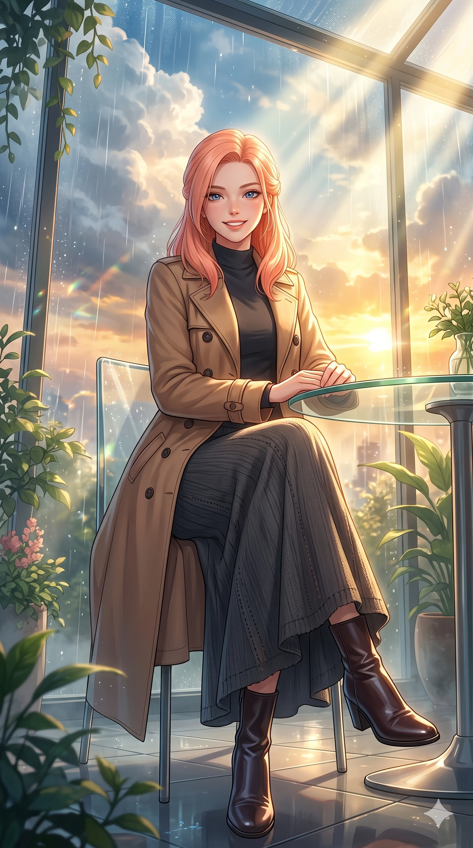 score_9, masterpiece, best quality, ultra-detailed, high-budget anime keyframe, vibrant anime aesthetic, Japanese woman. low angle full-body shot from head to toe showing her feet, filling the entire 9:16 vertical frame with her statuesque presence, stretching her vertical silhouette. She is sitting by a glass greenhouse table, smiling warmly at the camera, her eyes shining with genuine joy surrounded by fresh morning mist. inside a luxury penthouse conservatory with a panoramic glass wall showing rain clouds parting for a golden sunset (Code-P22-030). She has an absolutely perfect 8-heads proportion, an exceptionally tall and slender female figure with impossibly long slender legs and an ultra-slim waist. V-shaped jawline, high-bridge nose, intricate jewel-like eyes with depth, thick eyelashes, glossy lips with a natural sheen. wearing a classic double-breasted coat over a mock-neck top and a long knit skirt with stylish boots. She is bathed in brilliant midday sunbeams breaking through storm clouds, creating a glowing aura, creating a cinematic, high-budget anime lighting effect during a refreshing sun shower. 2k, ultra detail, master piece, 9:16 ratio