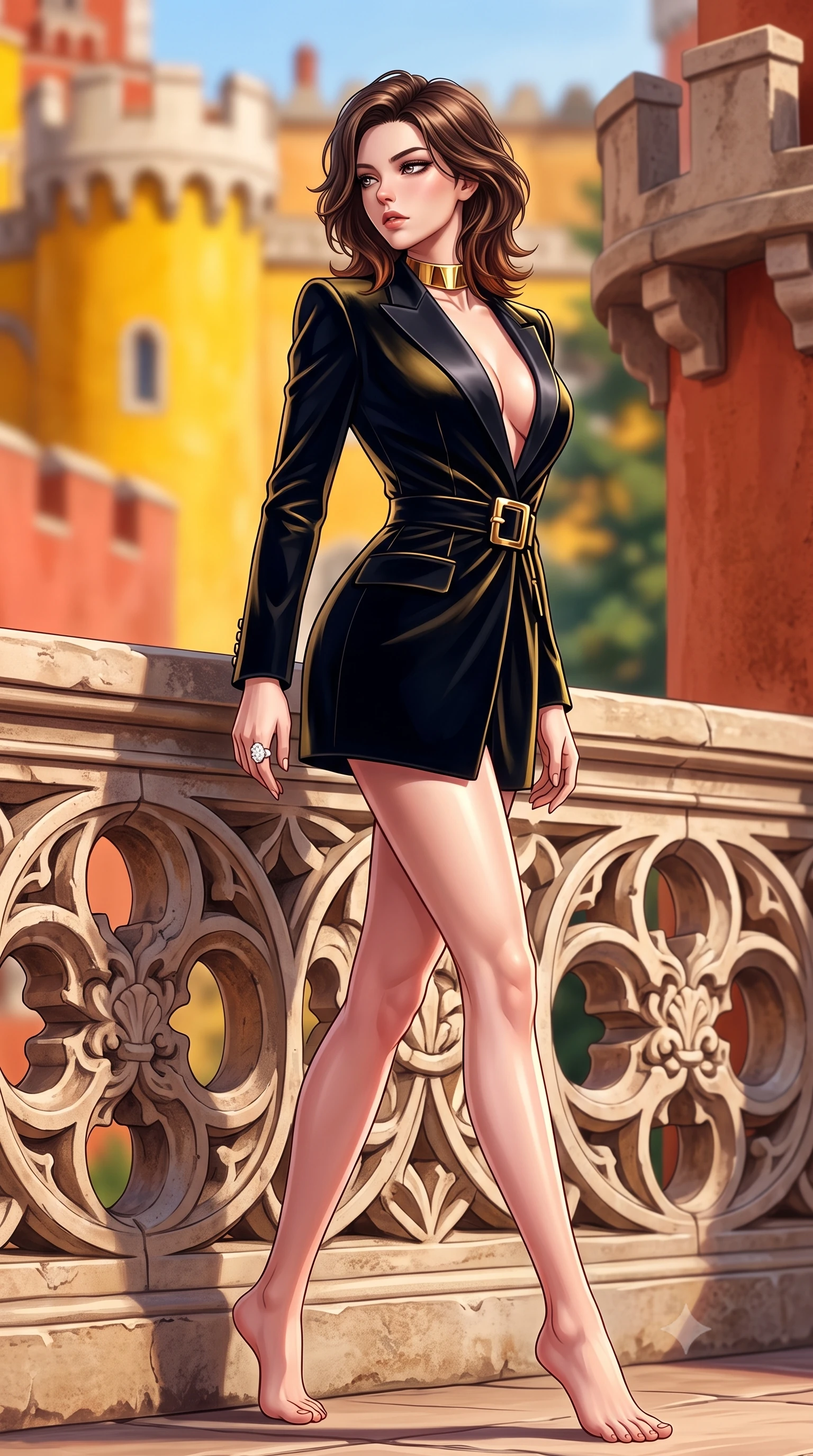 score_9, masterpiece, best quality, ultra-detailed, high-budget anime keyframe, semi-realistic 3D game render, editorial fashion photography, tasteful artistic composition, Korean woman. low angle full-body shot from head to toe showing her feet, filling the entire 9:16 vertical frame with her statuesque presence, stretching her vertical silhouette. striding forward in a proud supermodel runway stride, hips swaying in an alluring kinetic rhythm that accentuates her curvy hourglass silhouette while leaning against the intricately carved Manueline stone balustrade with hips cocked back, looking over her bare shoulder with smoldering romantic eyes. The composition keeps background elements in soft focus with creamy bokeh. vibrant yellow and terracotta castle battlements and lush mossy pine tree canopies blurred into mustard, coral, and emerald bokeh. She has an exceptionally tall and slender model-like 8.5-heads proportion, an ultra-slim waist, a flat toned midriff, narrow delicate ribcage, and beautifully sculpted feminine hips creating a graceful, slim hourglass silhouette without any bulky heaviness, with impossibly long slender legs. sharp v-shaped jawline, high-bridge nose, intricate jewel-like eyes with depth, thick eyelashes, glossy parted lips with a natural sheen, intensely captivating and seductive bedroom-eyes expression, flawlessly proportioned anatomical accuracy, strict slender model proportions, natural body alignment, perfectly sculpted long slender limbs, ultra-slim waistline, clean dynamic posture without body distortion. wearing a tailored velvet tuxedo jacket dress with satin lapels, worn with a deep plunge neckline and gold hip buckle in midnight obsidian black and liquid gold, made of fluid silk crepe with delicate inner corsetry boning, complemented by a bold geometric choker and sparkling cocktail ring, the liquid-tight tailored fabric clinging flawlessly to her narrow waist and rounded feminine hips, emphasizing every millimeter of her sculpted slim hourglass curves without any bulky heaviness. illuminated by warm terracotta wall bounce fill sharply sculpting her razor-sharp jawline, narrow waist, and curvy hips. highly saturated vibrant anime colors, detailed shading with soft gradients, rich glossy textures, high-contrast stereoscopic depth, volumetric dynamic lighting, master piece, 9:16 ratio