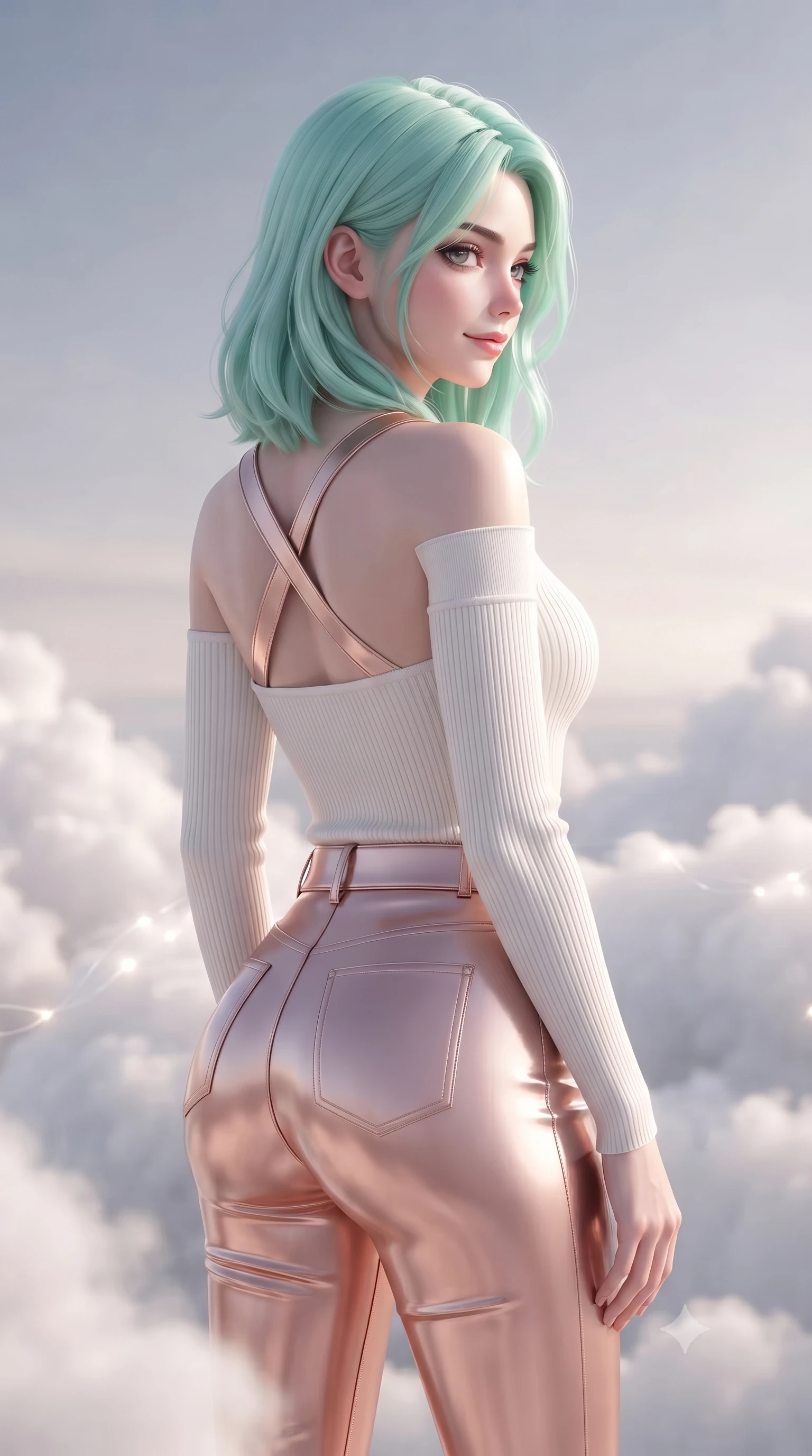 score_9, masterpiece, best quality, ultra-detailed, high-budget anime keyframe, editorial fashion photography, tasteful artistic composition, Japanese woman. close-up cowboy shot from the waist and thighs up, the character dominates the composition, filling the frame with her large presence, background elements kept in soft focus. Glancing sidelong over her shoulder with a smoldering half-smile and heavy lashes standing inside a floating cloud chamber where soft white storm clouds knot into silk threads, volumetric cumulus cloud textures illuminated from within by electric light. She has an exceptionally elegant, slender, and willowy female figure with an ultra-slim waist, a gracefully sculpted slender torso, and a refined silhouette. sharp v-shaped jawline, high-bridge nose, intricate jewel-like eyes with depth, thick eyelashes, glossy lips with a natural sheen. wearing a sleek off-shoulder ribbed knit top paired with high-waist tailored pants in pearl white and rose gold, tailored from high-gloss patent leather, complemented by criss-cross back straps highlighting her bare shoulders, the form-contouring material highlighting her ultra-slim waist and long lines. surrounded by a majestic, atmospheric sky aura with soft gradients. ultra-reflective glossy finish, specular highlights, metallic sheen, high-contrast stereoscopic depth, volumetric dynamic lighting, 2k, ultra detail, master piece, 9:16 ratio