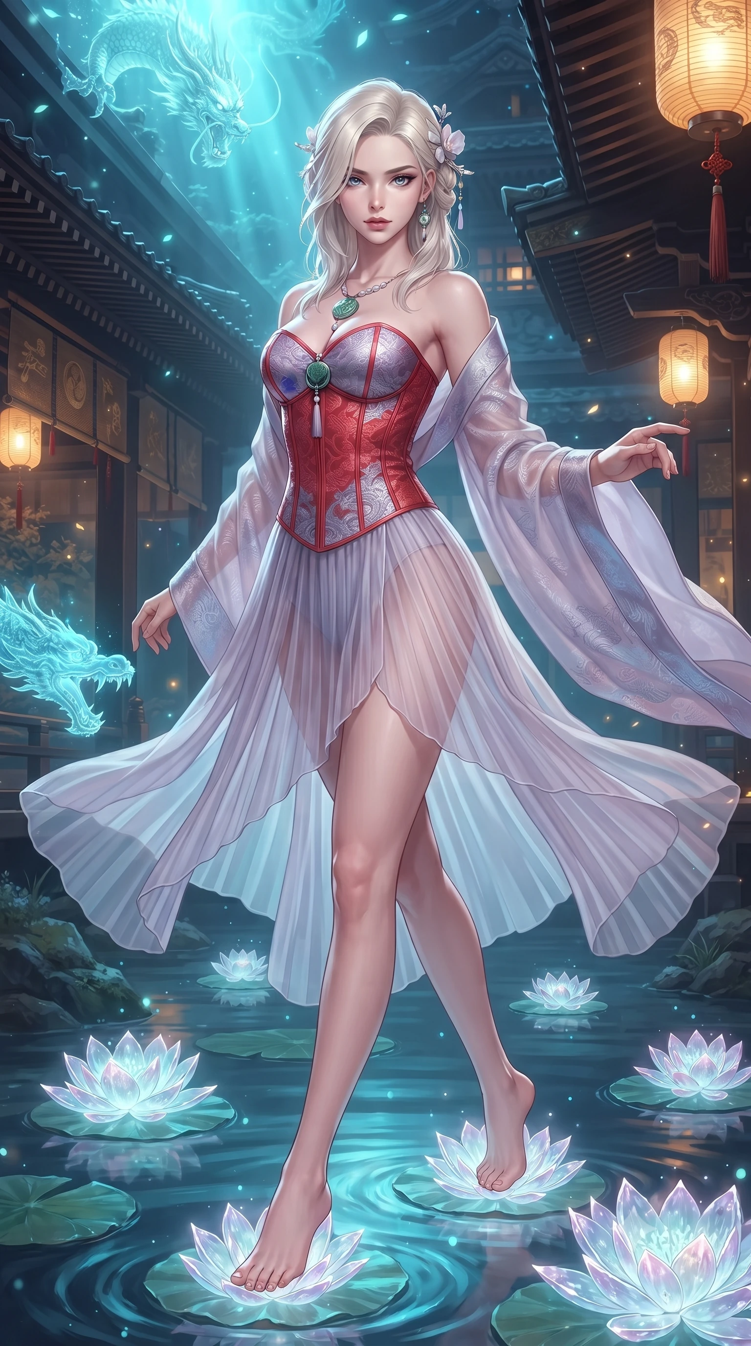 score_9, masterpiece, best quality, ultra-detailed, high-budget anime keyframe, editorial fashion photography, tasteful artistic composition, Caucasian woman. close-up cowboy shot from the waist and thighs up, the character dominates the composition, filling the frame with her large presence. radiating intense magnetic charisma with jewel-like eyes locked onto the viewer, her upper body turning in a dynamic, fluid S-curve while stepping lightly across floating crystal water lilies that chime with soft musical tones under her feet. The surrounding environment is rendered in vivid detail and crisp panoramic clarity. detailed mineral spring caustics, architectural bracket systems, and silk embroidery in high clarity. She has an exceptionally elegant, slender, and willowy female figure with an ultra-slim waist, a gracefully sculpted slender torso, toned flat midriff, and a refined slim silhouette. sharp v-shaped jawline, high-bridge nose, intricate jewel-like eyes with depth, thick eyelashes, glossy lips with a natural sheen, captivating and magnetic expression, flawlessly proportioned anatomical accuracy, strict slender model proportions, natural body alignment, perfectly sculpted long slender limbs, ultra-slim waistline, clean dynamic posture without body distortion. wearing a sacred shrine maiden couture robe with sheer pleated chiffon skirt and structured scarlet corset top in moonlit silver and lavender mist, made of rich textured jacquard silk with dragon scale weave, accented with mother-of-pearl hair ornaments and a carved jade pendant, the breezy yet form-flattering drape swaying gracefully with her steps, accentuating her long willowy limbs and slim waistline. bathed in luminous cyan dragon spring uplights and warm imperial gold lantern downlights. ultra-reflective glossy finish, specular highlights, rich textural contrasts, high-contrast stereoscopic depth, volumetric dynamic lighting, 2k, ultra detail, master piece, 9:16 ratio