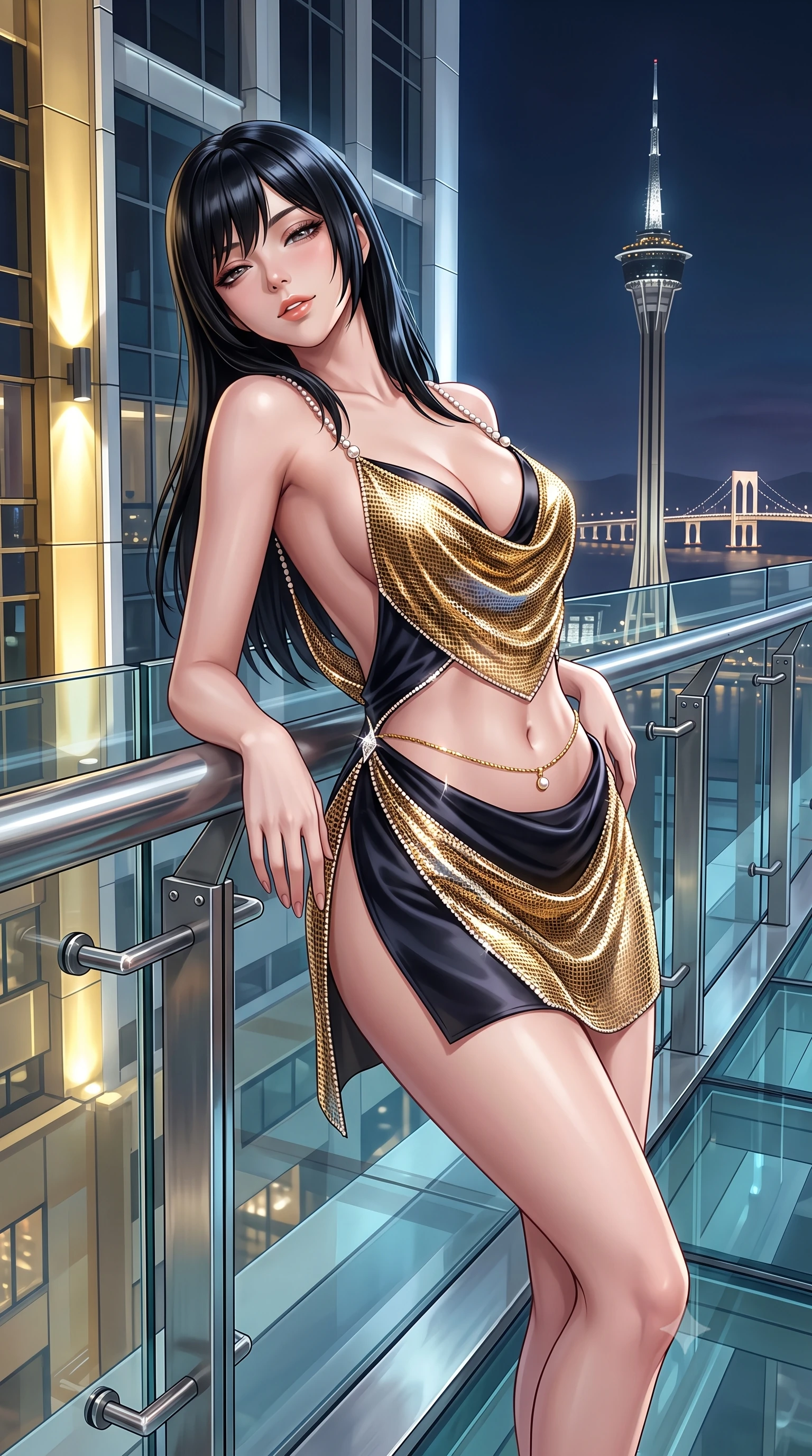 score_9, masterpiece, best quality, ultra-detailed, high-budget anime keyframe, semi-realistic 3D game render, editorial fashion photography, tasteful artistic composition, Caucasian woman. close-up cowboy shot from the waist and thighs up, the character dominates the composition, filling the frame with her large presence. leaning back against the balustrade with relaxed seductive grace, head tilted back slightly while casting a hypnotic, heavy-lidded gaze while leaning against the glass balustrade with hips cocked back, looking over a bare shoulder toward the needle spire of Macau Tower. The surrounding environment is rendered in vivid detail and crisp panoramic clarity: sharp glass floor panel seams, stainless steel spider clamps, and distant bridge cable lights in deep focus. She has an exceptionally elegant, slender, and willowy female figure with an ultra-slim waist, flat toned midriff, narrow ribcage, and sculpted feminine hips creating an alluring, slim hourglass silhouette without bulk. sharp v-shaped jawline, high-bridge nose, sparkling eyes with hypnotic seductive depth, thick curled eyelashes, glossy parted lips with a natural dewy peach sheen, alluring bedroom-eyes with an enchanting coquettish smile, exuding magnetic siren charisma and sophisticated glamour, flawlessly proportioned anatomical accuracy, strict slender model proportions, natural body alignment, perfectly sculpted long slender limbs, ultra-slim waistline, clean dynamic posture without body distortion. wearing a low-cut draped cowl-back satin slip mini dress with dainty pearl spaghetti straps and hip-hugging cut in liquid gold chainmail and midnight obsidian black with diamond accents, crafted from shimmering fluid chainmail mesh reflecting ambient casino lights, accented with a dainty gold belly chain resting across her flat midriff and curving hips, the high-slit wrap tailoring accentuating her ultra-slim waistline and the enchanting curve of her feminine hips with alluring seductive charm. bathed in exterior architectural facade floodlights combined with cool midnight delta breeze ambient fill. highly saturated vibrant anime colors, detailed shading with soft gradients, rich glossy textures, high-contrast stereoscopic depth, volumetric dynamic lighting, master piece, 9:16 ratio