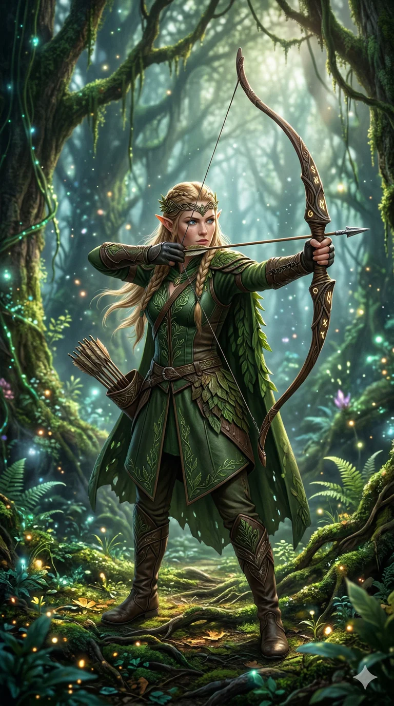 A female elf archer in a mystical forest drawing her bow 2k, ultra detail, master piece, 9:16 ratio