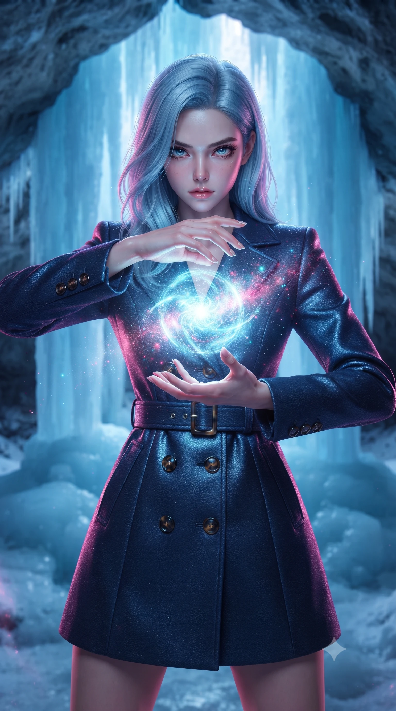 score_9, masterpiece, best quality, ultra-detailed, high-budget anime keyframe, editorial fashion photography, tasteful artistic composition, realistic cosplay photography, Korean woman. close-up cowboy shot from the waist and thighs up, the character dominates the composition, filling the frame with her large presence, background elements kept in soft focus. Channelling a swirling orb of energy between her hands with an intense focused gaze. set against a soft-focus background of inside a cave carved behind a frozen glacial waterfall, columns of pure blue ice hanging from the ceiling. She has an exceptionally elegant and slender, willowy female figure with an ultra-slim waist, a gracefully sculpted slender torso, and a refined slim physique. sharp v-shaped jawline, high-bridge nose, intricate jewel-like eyes with depth, thick eyelashes, glossy lips with a natural sheen. wearing catching and diffusing the glowing particles, shimmering softly in response to the surrounding light, a slim-fit sophisticated navy wool coat dress with tortoiseshell buttons and a tailored fabric belt. starlight and nebula glow casting soft cosmic pink and cyan highlights on her form. ultra-reflective glossy finish, specular highlights, metallic sheen, high-contrast stereoscopic depth, volumetric dynamic lighting, 2k, ultra detail, master piece, 9:16 ratio