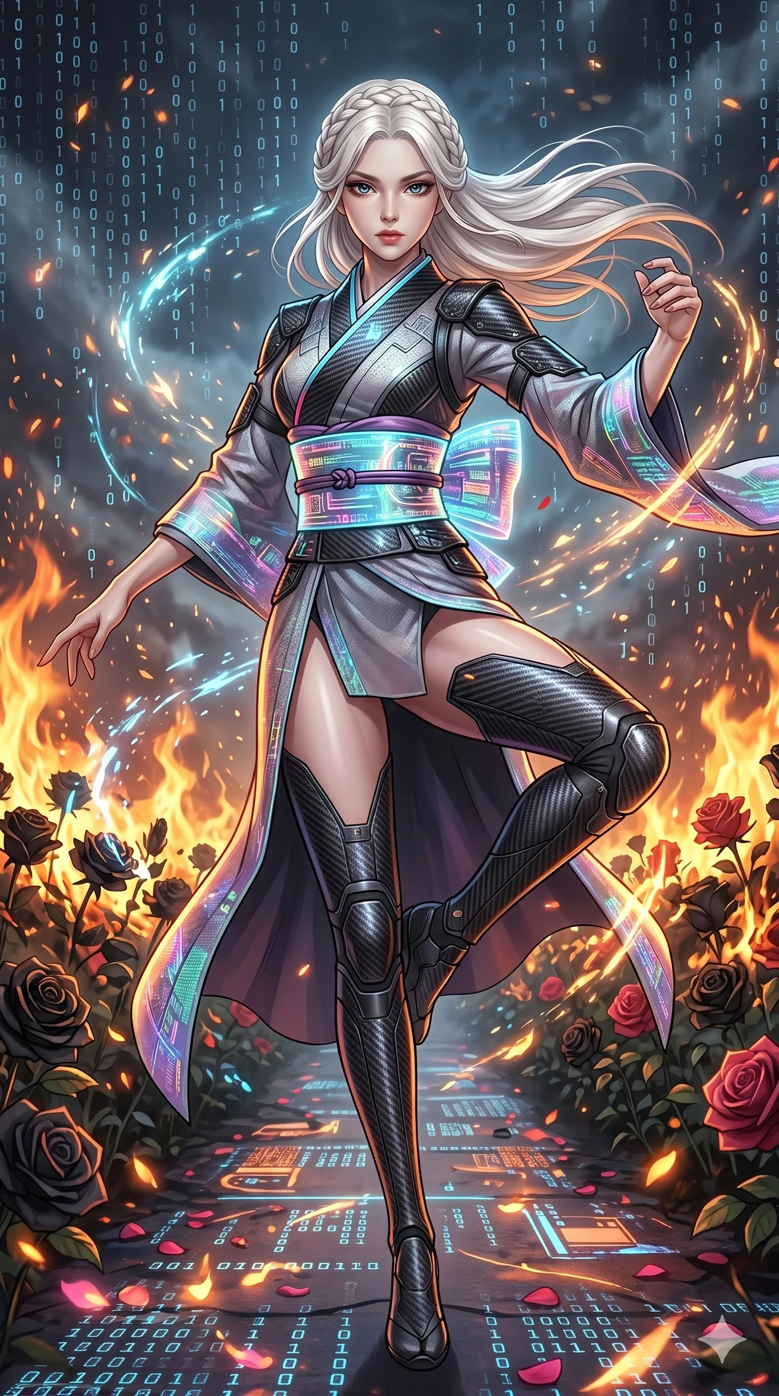 score_9, masterpiece, best quality, ultra-detailed, Set A: High-budget Anime Keyframe, Korean woman. Upper body close-up from the thighs up, character filling the screen for maximum presence. Dancing through a burning rose garden, while a digital blizzard of 239 bits obscures the horizon and surrounded by glowing energy sparks. She has an absolutely perfect 8-heads proportion, an exceptionally tall and slender female figure with impossibly long slender legs and an ultra-slim waist. Sharp v-shaped jawline, high-bridge nose, intricate jewel-like eyes with depth, thick eyelashes, glossy lips with a natural sheen. Wearing Tech-kimono with a wide holographic obi and side-slit carbon-fiber leg guards. Cinematic lighting, vibrant colors, dramatic shadows, 2k, ultra detail, master piece, 9:16 ratio