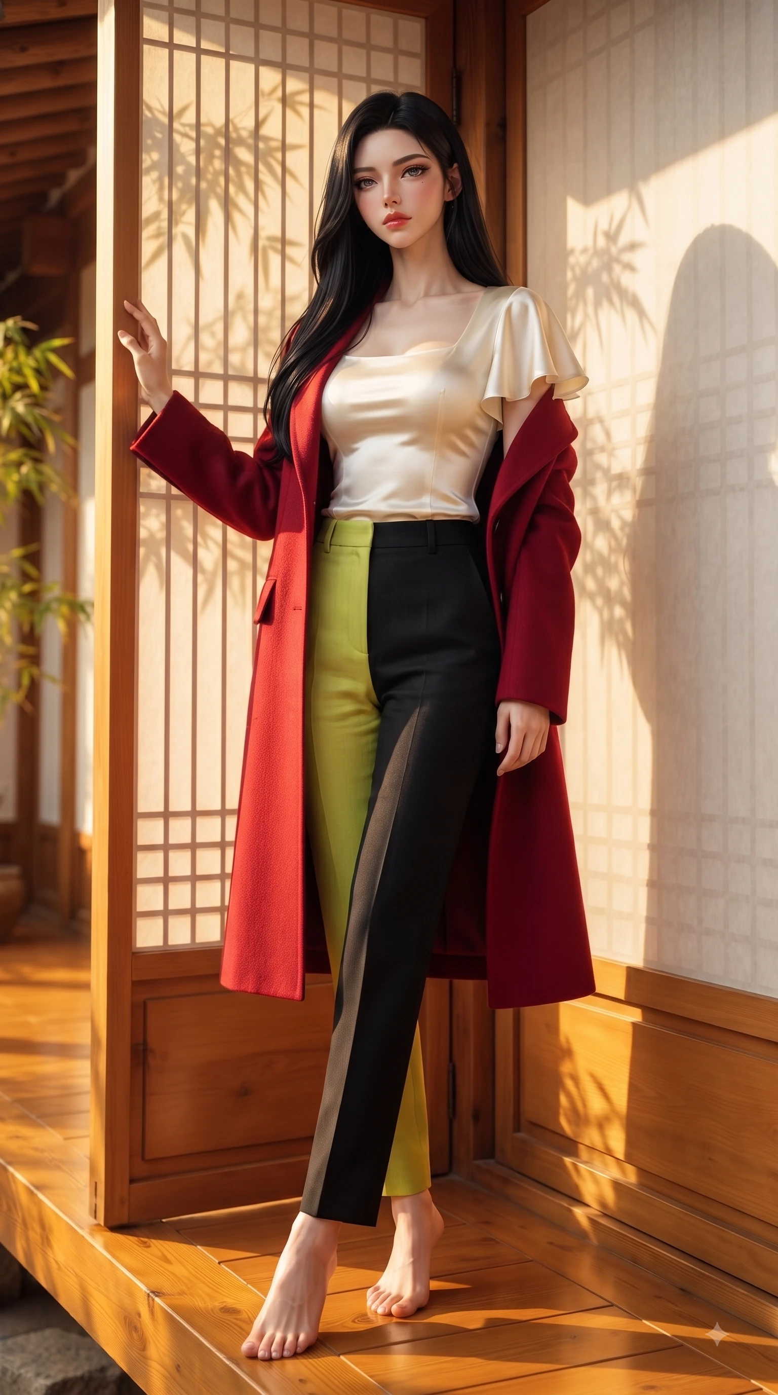 score_9, masterpiece, best quality, ultra-detailed, high-budget anime keyframe, editorial fashion photography, tasteful artistic composition, Korean woman. low angle full-body shot from head to toe showing her feet, filling the entire 9:16 vertical frame with her statuesque presence, stretching her vertical silhouette. Seductively magnetic look casting a fiery side-gaze with full glossy lips and smoldering glamour while leaning against a sun-drenched paper screen door with a serene, magnetic pose. The composition keeps background elements in soft focus with dreamy bokeh. dappled sunlight filtering through bamboo leaves creating a peaceful blurred backdrop. She has an absolutely perfect, statuesque 8.5-heads proportion, an exceptionally tall and slender model-like female figure with impossibly long slender legs and an ultra-slim waist. sharp v-shaped jawline, high-bridge nose, intricate jewel-like eyes with depth, thick eyelashes, glossy lips with a natural sheen, flawlessly proportioned anatomical accuracy, natural body alignment, perfectly sculpted elegant limbs, clean dynamic posture without body distortion. wearing a tailored crimson red wool coat over a fitted ivory silk top and tailored trousers in bright lime green and sleek jet black, crafted from soft breathable Italian linen, featuring elegant flutter sleeves and a graceful square neckline, the chic fashion cut framing her graceful clavicle and slender torso. illuminated by warm golden sunlight reflecting off polished wooden verandas. ultra-reflective glossy finish, specular highlights, metallic sheen, high-contrast stereoscopic depth, volumetric dynamic lighting, 2k, ultra detail, master piece, 9:16 ratio