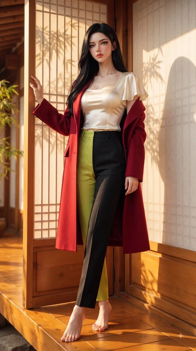 score_9, masterpiece, best quality, ultra-detailed, high-budget anime keyframe, editorial fashion photography, tasteful artistic composition, Korean woman. low angle full-body shot from head to toe showing her feet, filling the entire 9:16 vertical f