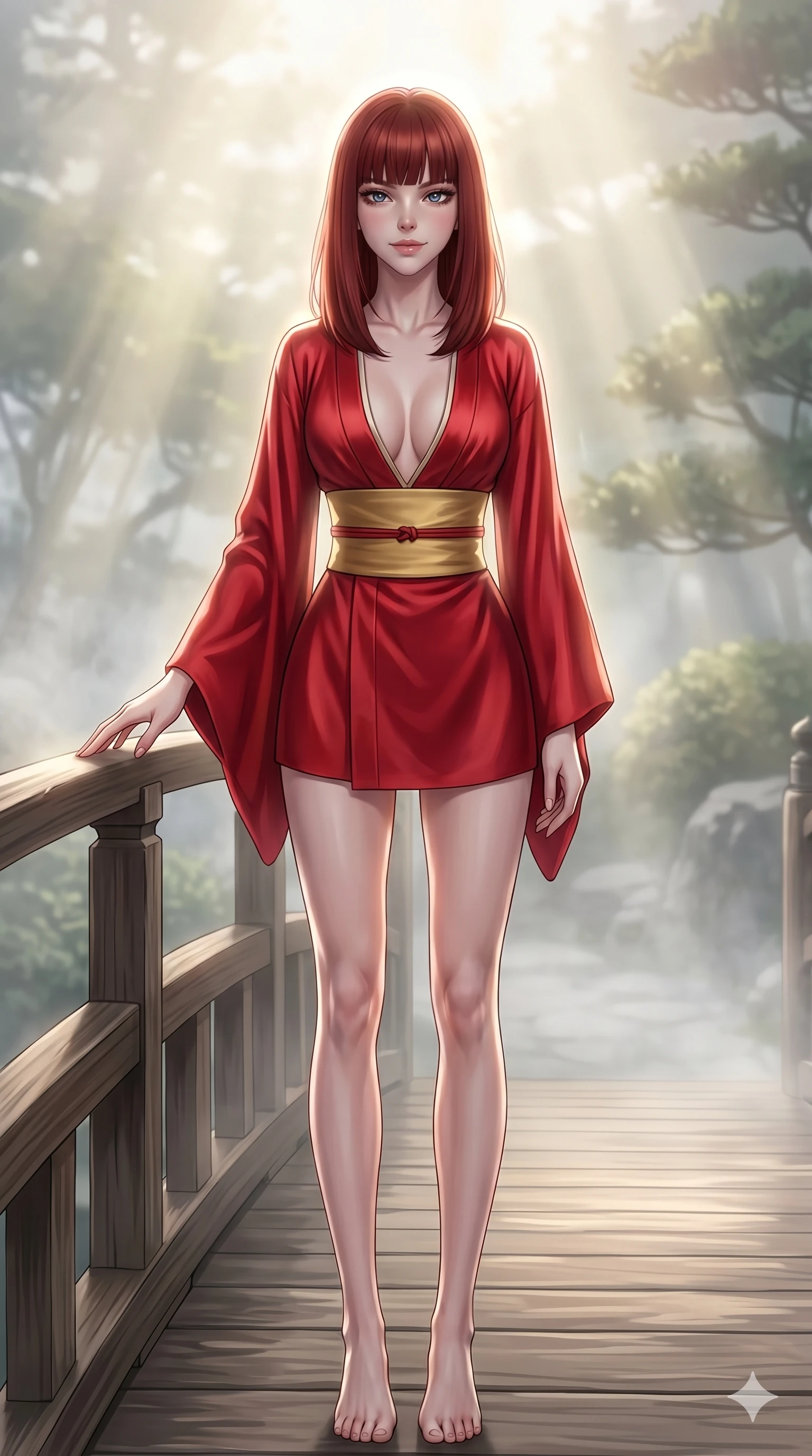 score_9, masterpiece, best quality, ultra-detailed, high-budget anime keyframe, editorial fashion photography, tasteful artistic composition, Caucasian woman, strictly human ears. cowboy shot from the thighs up, character and outfit filling the frame for maximum editorial presence. resting one hand on the bridge railing, looking at the lens with a sultry, bedroom-eyes smile on a wooden bridge in a traditional Japanese garden with mist rising (Code-P16-118). She has an absolutely perfect 8-heads proportion, an exceptionally tall and slender female figure with impossibly long slender legs and an ultra-slim waist. V-shaped jawline, high-bridge nose, intricate jewel-like eyes with depth, thick eyelashes, glossy lips with a natural sheen. wearing a modern red silk kimono dress with a deep plunging V-neckline and wide gold obi. soft morning sunbeams filtering through the mist, creating a soft glowing aura. 2k, ultra detail, master piece, 9:16 ratio
