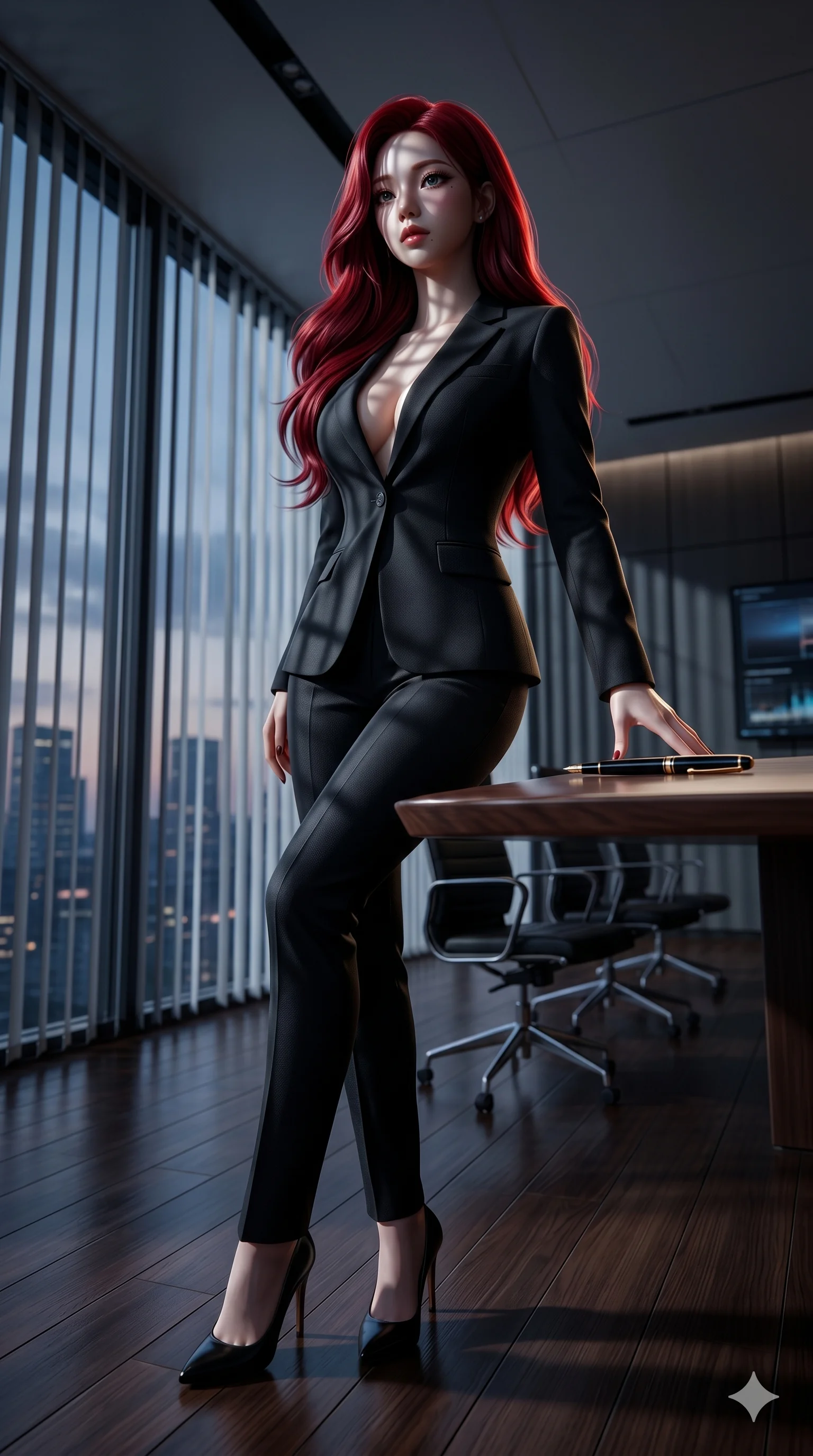 score_9, masterpiece, best quality, ultra-detailed, highly detailed CG unity 8k render, an incredibly beautiful Korean anime girl. Dynamic low angle shot filling the frame. She has an absolutely perfect 8-heads proportion, an exceptionally tall female figure with a delicate skinny figure. Her face is a highly detailed masterpiece featuring a v-shaped jawline, high-bridge nose, intricate jewel-like eyes, thick eyelashes, and glossy lips. She has vibrant red flowing hair. She is wearing a tight-fitting black tailored suit jacket with no shirt underneath, deep sensual cleavage, highlighting her alluring silhouette. Sleek corporate boardroom, cinematic window shadows, dramatic rim lighting, cinematic shadows, 2k, ultra detail, master piece, 9:16 ratio