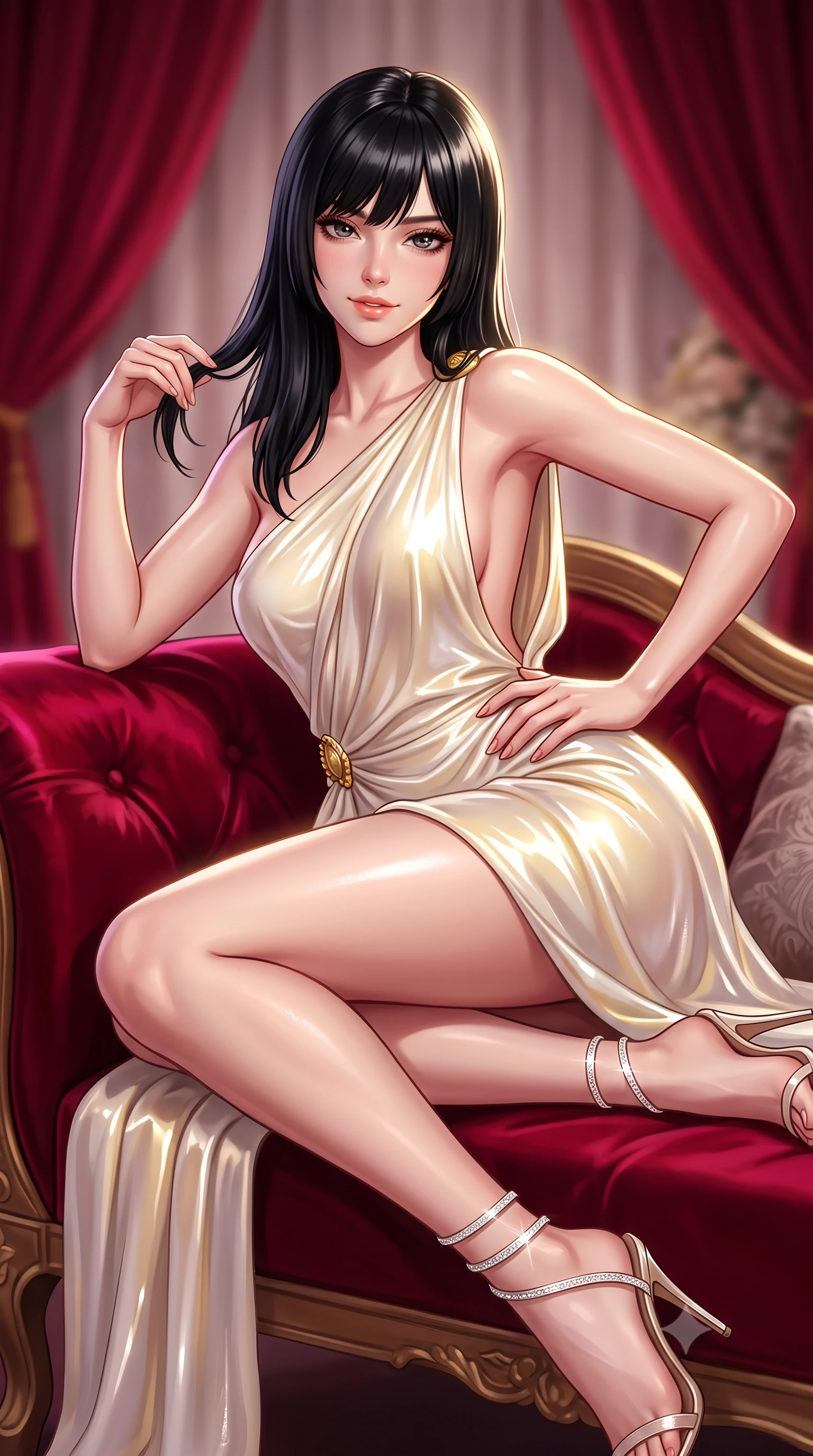 score_9, masterpiece, best quality, ultra-detailed, high-budget anime keyframe, semi-realistic 3D game render, editorial fashion photography, tasteful artistic composition, Caucasian woman. close-up cowboy shot from the waist and thighs up, the character dominates the composition, filling the frame with her large presence. twisting her slender torso in an alluring contrapposto stance, one hand resting on her sculpted hip while her fingers toy with her hair with effortless poise while lounging gracefully on the crimson velvet settee propped on one elbow, her statuesque 8.5-heads silhouette commanding the imperial palace. The background shows a soft-focus draped crimson velvet curtains softened in opulent European royal gala shallow focus. She has an exceptionally elegant, slender, and willowy female figure with an ultra-slim waist, flat toned midriff, narrow ribcage, and sculpted feminine hips creating an alluring, slim hourglass silhouette without bulk. sharp v-shaped jawline, high-bridge nose, sparkling eyes with hypnotic seductive depth, thick curled eyelashes, glossy parted lips with a natural dewy peach sheen, alluring bedroom-eyes with an enchanting coquettish smile, exuding magnetic siren charisma and sophisticated glamour, flawlessly proportioned anatomical accuracy, strict slender model proportions, natural body alignment, perfectly sculpted long slender limbs, ultra-slim waistline, clean dynamic posture without body distortion. wearing a draped Greek-goddess style silk chiffon mini toga dress with an open back and golden hip fibula in pure alabaster with golden sheen, crafted from wet-look high-gloss vinyl fabric with dazzling specular surface reflections, complemented by strappy stiletto sandals with crystal ankle wraps accentuating her slender calves, the form-contouring silhouette accentuating her sculpted flat midriff, narrow delicate ribcage, and gracefully curvy hips with intoxicating allure. illuminated by gilded surface bounce and sharp platinum-gold rim lights sculpting her jawline, flat midriff, and voluptuous hip curves. highly saturated vibrant anime colors, detailed shading with soft gradients, rich glossy textures, high-contrast stereoscopic depth, volumetric dynamic lighting, master piece, 9:16 ratio