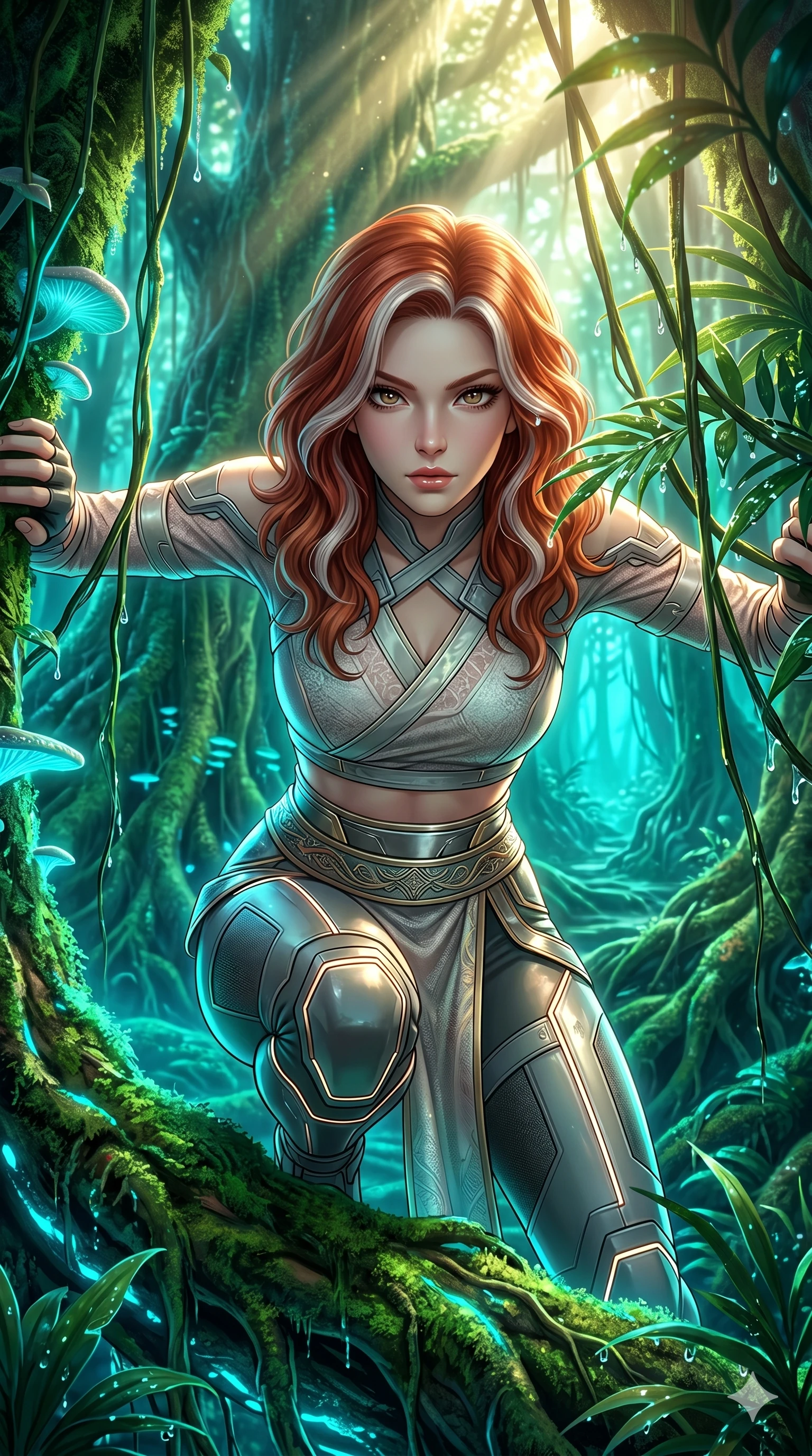 score_9, masterpiece, best quality, ultra-detailed, high-budget anime keyframe, semi-realistic 3D game render, Caucasian woman, strictly human ears. Upper body close-up from the thighs up, character filling the screen for maximum presence. She is crouching dynamically on a massive bioluminescent jungle root, wrapped in glowing vines. She leans close to the camera, looking through the foliage with a piercing, animalistic gaze. She has an absolutely perfect 8-heads proportion, a tall and elegant figure with a refined silhouette and a defined waistline. V-shaped jawline, high-bridge nose, intricate jewel-like eyes with depth, thick eyelashes, glossy lips with a natural sheen. She is wearing a cropped cyber-fusion wrap top with delicate textured panels, a geometric crossover collar, and a high-waisted metallic sash highlighting her defined waistline. The scene is bathed in bright sunbeams filtering through a dense canopy and glowing cyan ambient forest light. 2k, ultra detail, master piece, 9:16 ratio