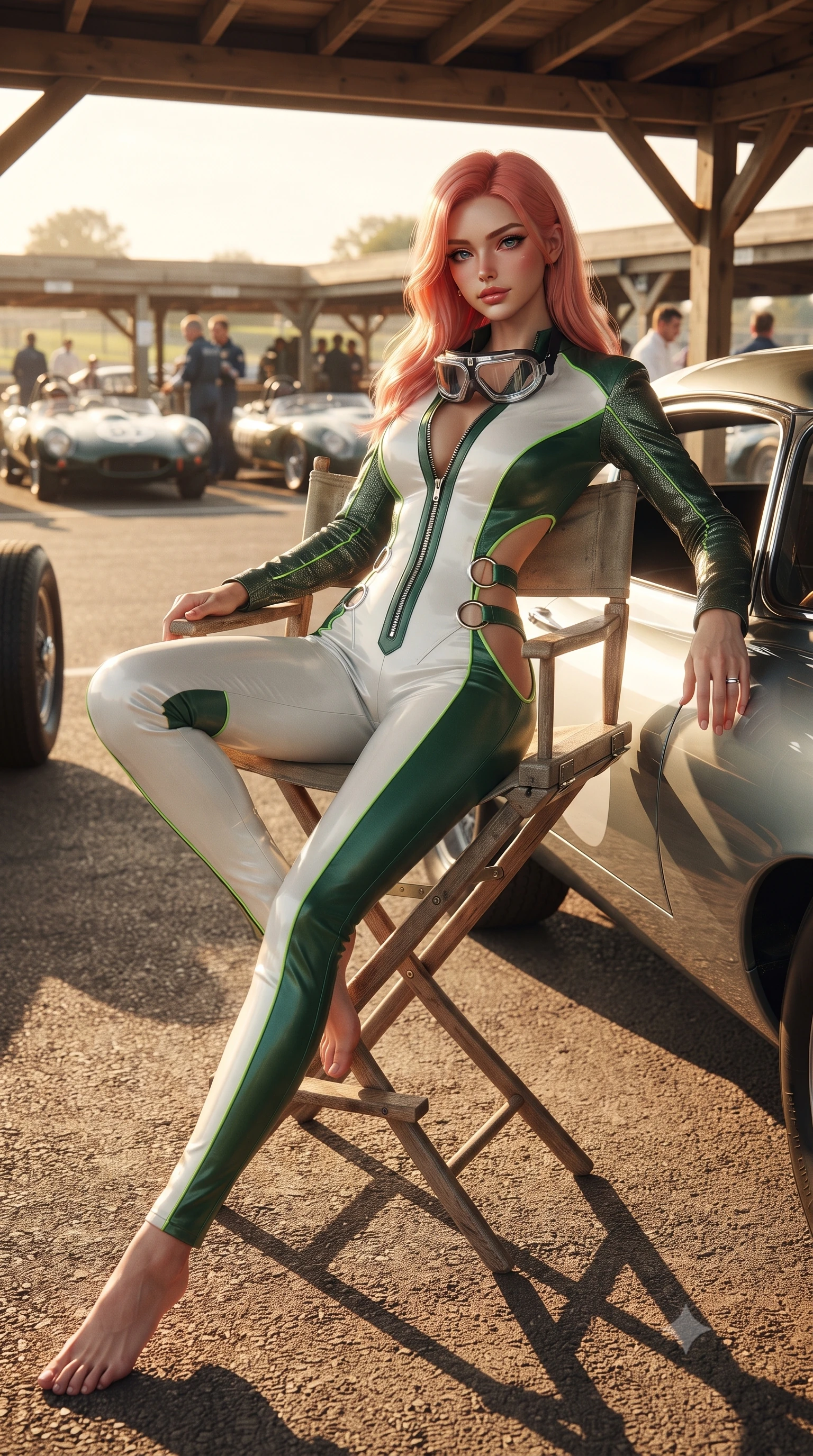 score_9, masterpiece, best quality, ultra-detailed, high-budget anime keyframe, editorial fashion photography, tasteful artistic composition, Japanese woman. low angle full-body shot from head to toe showing her feet, filling the entire 9:16 vertical frame with her statuesque presence, stretching her vertical silhouette. standing in a tall, confident posture with one hand on the sports car roof, stretching her statuesque body as she arches her lower back to emphasize her sculpted feminine hips and slender waist while lounging in a canvas director chair inside the open timber hangar with legs crossed, her sporty retro outfit commanding the historic paddock. The surrounding environment is rendered in vivid detail and crisp panoramic clarity: detailed leather racing jacket grain, goggles lens clarity, and authentic Goodwood circuit architecture in high resolution. She has an absolutely perfect, statuesque 8.5-heads proportion, an exceptionally tall and slender model-like female figure with impossibly long slender legs, an ultra-slim waist, a flat toned midriff, narrow delicate ribcage, and beautifully sculpted feminine hips creating a graceful, slim hourglass silhouette without any bulky heaviness. sharp v-shaped jawline, high-bridge nose, sparkling eyes with athletic focus and depth, thick curled eyelashes, glossy parted lips with a natural coral-peach sheen, bright confident and coquettish smile with alluring bedroom-eyes, exuding both youthful sporty vigor and sovereign high-society glamour, flawlessly proportioned anatomical accuracy, strict slender model proportions, natural body alignment, perfectly sculpted long slender limbs, ultra-slim waistline, clean dynamic posture without body distortion. wearing an ultra-tight form-contouring racing leather catsuit in two-tone white and British racing green with a deep-plunging zip neck in deep midnight carbon and luminous lime green piping, woven from metallic lurex and technical nylon with subtle starlight glints, finished with sharp laser-cut side ventilation cutouts framed by chrome rings, the high-waisted wrap tailoring accentuating her ultra-slim waistline and the enchanting curve of her feminine hips with alluring sporty charm. bathed in warm nostalgic golden afternoon sunlight casting long dramatic shadows across the paddock. ultra-reflective glossy finish, specular highlights, rich textural contrasts, high-contrast stereoscopic depth, volumetric dynamic lighting, 2k, ultra detail, master piece, 9:16 ratio