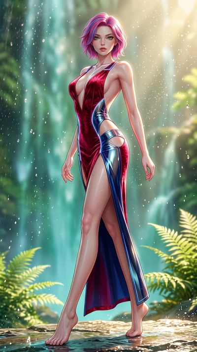 score_9, masterpiece, best quality, ultra-detailed, high-budget anime keyframe, semi-realistic 3D game render, editorial fashion photography, tasteful artistic composition, Caucasian woman. low angle full-body shot from head to toe showing her feet, 
