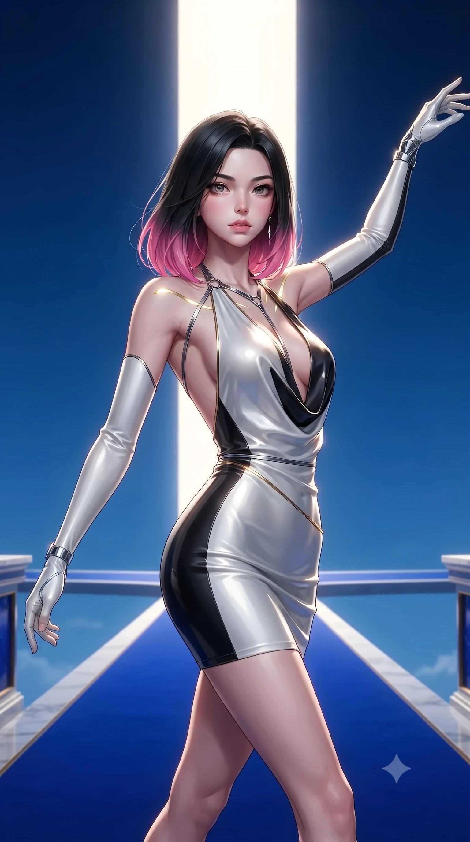 score_9, masterpiece, best quality, ultra-detailed, high-budget anime keyframe, editorial fashion photography, tasteful artistic composition, Korean woman. close-up cowboy shot from the waist and thighs up, the character dominates the composition, filling the frame with her large presence. extending one arm gracefully toward the light while her torso arches in a sleek, alluring curve with magnetic intensity while striding commanding down a royal blue lapis lazuli runway suspended in the open sky under a vertical pillar of sunlight. The surrounding environment is rendered in vivid detail and crisp panoramic clarity. crisp architectural gemstone edges, sunbeam shaft borders, and deep blue sky in high clarity. She has an exceptionally elegant, slender, and willowy female figure with an ultra-slim waist, a gracefully sculpted slender torso, toned flat midriff, and a refined slim silhouette. sharp v-shaped jawline, high-bridge nose, intricate jewel-like eyes with depth, thick eyelashes, glossy lips with a natural sheen, flawlessly proportioned anatomical accuracy, strict slender model proportions, natural body alignment, perfectly sculpted long slender limbs, ultra-slim waistline, clean dynamic posture without body distortion. wearing a form-contouring liquid satin halter-neck mini dress with a deep crossover cowl front, open back, and ultra-slender waist drape in high-gloss monochrome white and sharp black contrast, made of liquid metal jersey that clings flawlessly to every contour of her build, reinforced by a sleek metallic chrome harness and delicate glowing micro-straps, the glove-like aerodynamic second-skin fit tightly clinging to her ultra-slender waist and athletic curves without adding bulk, accentuating her razor-sharp statuesque lines and slim hourglass silhouette. illuminated by crisp gold specular highlights tracing her sculpted collarbones and waistline. ultra-reflective glossy finish, specular highlights, metallic sheen, high-contrast stereoscopic depth, volumetric dynamic lighting, 2k, ultra detail, master piece, 9:16 ratio