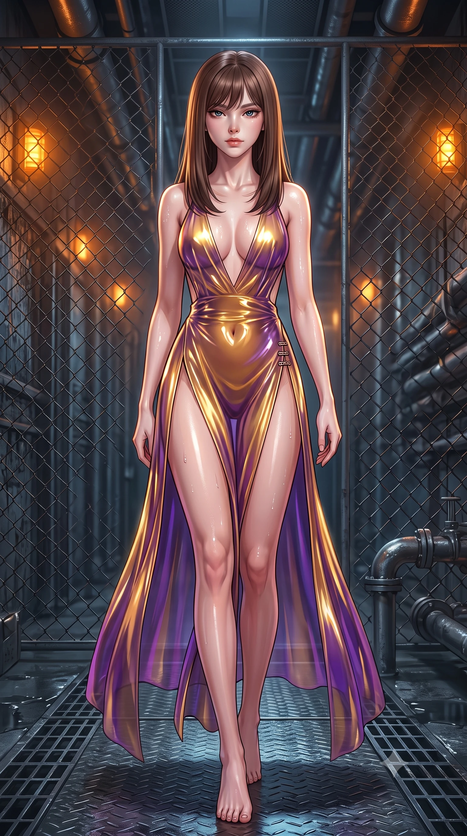 score_9, masterpiece, best quality, ultra-detailed, high-budget anime keyframe, semi-realistic 3D game render, editorial fashion photography, tasteful artistic composition, Korean woman. low angle full-body shot from head to toe showing her feet, filling the entire 9:16 vertical frame with her statuesque presence, stretching her vertical silhouette. striding forward in a proud, statuesque motion with a dangerous smolder, her vertical silhouette dominating the frame from head to toe while striding through an underground steel corridor as amber warning lights illuminate glistening perspiration. The surrounding environment is rendered in vivid detail and crisp panoramic clarity. sharp chain-link metal wire textures, wet steel floor grating, and detailed steam pipe nozzles in deep focus. She has an absolutely perfect, statuesque 8.5-heads proportion, an exceptionally tall and slender model-like female figure with impossibly long slender legs and an ultra-slim waist. sharp v-shaped jawline, high-bridge nose, intricate jewel-like eyes with depth, thick eyelashes, glossy lips with a natural sheen, flawlessly proportioned anatomical accuracy, natural body alignment, perfectly sculpted elegant limbs, clean dynamic posture without body distortion. wearing a translucent iridescent chiffon gown with a plunging neckline, high dual thigh slits, and an open back in lustrous molten gold and pure deep violet, formed from high-gloss patent material with specular light reflections, finished with an ultra-high side slit secured by miniature magnetic clasps, the daring cutouts accentuating her delicate midriff, graceful collarbones, and feminine contour. surrounded by a fierce, electrifying, and dangerously provocative sensual combat aura. highly saturated vibrant anime colors, detailed shading with soft gradients, rich glossy textures, high-contrast stereoscopic depth, volumetric dynamic lighting, master piece, 9:16 ratio