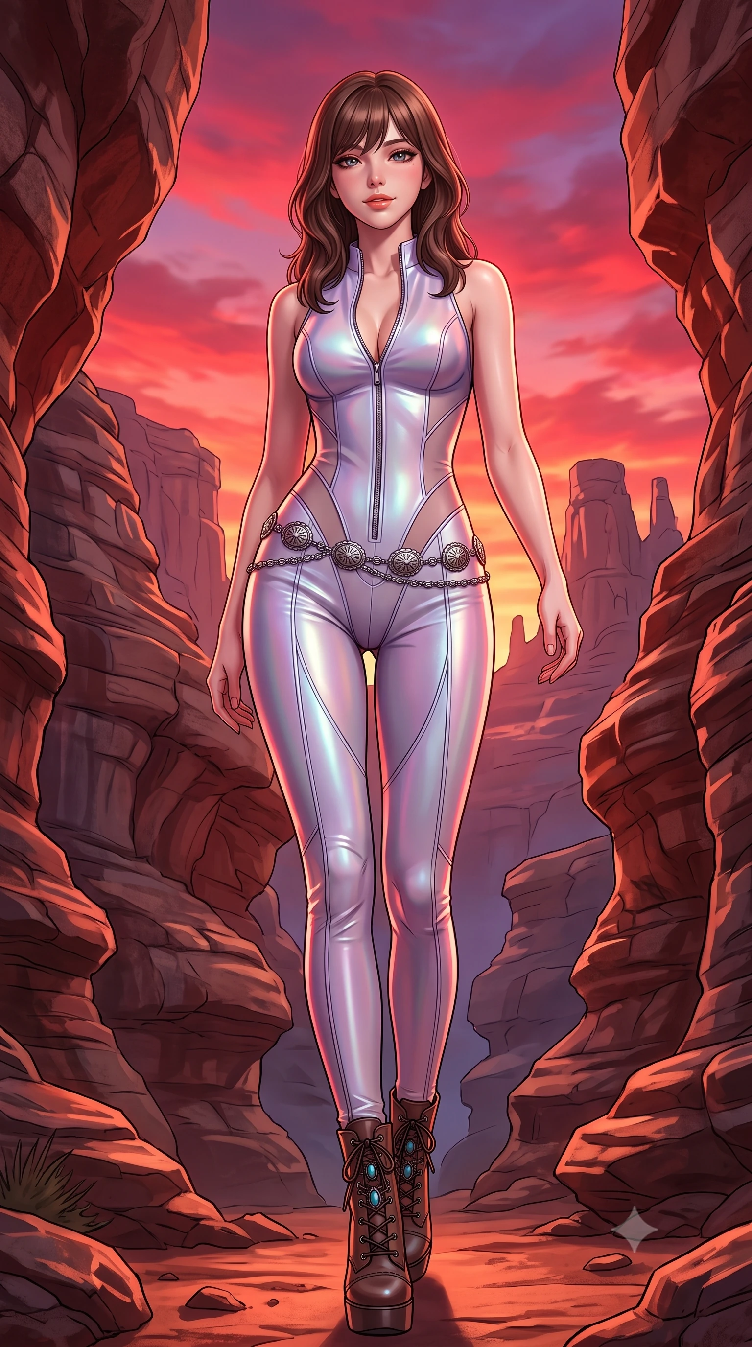 score_9, masterpiece, best quality, ultra-detailed, high-budget anime keyframe, semi-realistic 3D game render, editorial fashion photography, tasteful artistic composition, Korean woman. low angle full-body shot from head to toe showing her feet, filling the entire 9:16 vertical frame with her statuesque presence, stretching her vertical silhouette. stepping slowly toward the camera with hypnotic grace, hips swaying in an alluring sensual rhythm that accentuates her curvy hourglass silhouette and long slender legs while twisting her slender torso in an alluring S-curve, crimson vortex sunset light carving sharp highlights across her flat midriff and hips. The surrounding environment is rendered in vivid detail and crisp panoramic clarity: detailed lace-up leather bustier tailoring, turquoise jewelry glints, and geological formations in razor-sharp precision. She has an absolutely perfect, statuesque 8.5-heads proportion, an exceptionally tall and slender model-like female figure with impossibly long slender legs, an ultra-slim waist, a flat toned midriff, narrow delicate ribcage, and beautifully sculpted feminine hips creating a graceful, slim hourglass silhouette without any bulky heaviness. sharp v-shaped jawline, high-bridge nose, sparkling eyes with hypnotic seductive depth, thick curled eyelashes, glossy parted lips with a natural dewy peach sheen, alluring bedroom-eyes with an enchanting coquettish smile, exuding magnetic siren charisma and sophisticated glamour, flawlessly proportioned anatomical accuracy, strict slender model proportions, natural body alignment, perfectly sculpted long slender limbs, ultra-slim waistline, clean dynamic posture without body distortion. wearing a backless plunge-front second-skin leatherette biker jumpsuit with zip front and high-cut leg openings in iridescent mother-of-pearl and dusk lavender, made of semi-opaque stretch illusion mesh with soft shadowy contours, accented with an intricate silver concho waist chain resting loosely on her curvy hips, the glove-like clinging cut tightly following the natural contour of her hips and long slender legs with youthful 8.5-heads elegance. bathed in intense crimson-and-gold sunset illumination bouncing directly off the canyon rock walls. highly saturated vibrant anime colors, detailed shading with soft gradients, rich glossy textures, high-contrast stereoscopic depth, volumetric dynamic lighting, master piece, 9:16 ratio
