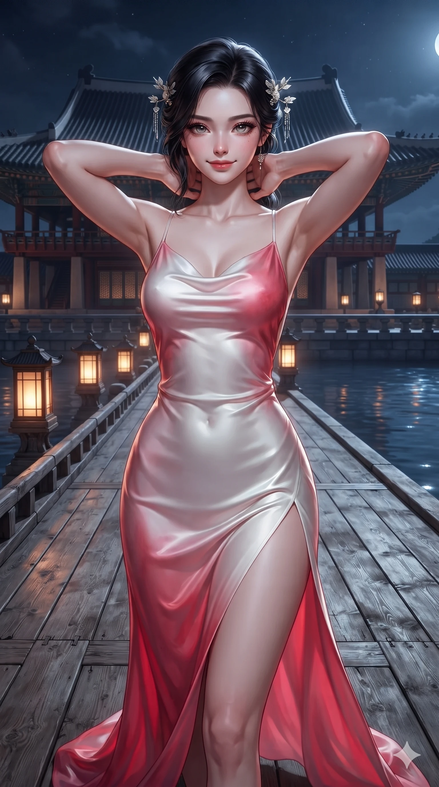 score_9, masterpiece, best quality, ultra-detailed, high-budget anime keyframe, editorial fashion photography, tasteful artistic composition, Japanese woman. close-up cowboy shot from the waist and thighs up, the character dominates the composition, filling the frame with her large presence. resting both hands lightly behind her neck with elbows raised, arching her spine to highlight her narrow waist, flat midriff, and breathtaking collarbones while walking slowly down the grand wooden pavilion deck with regal dark elegance, hips swaying in an alluring supermodel rhythm. The surrounding environment is rendered in vivid detail and crisp panoramic clarity: detailed tiered sheer tulle gown tailoring, corseted waist structure, and historic Korean palace craftsmanship in razor-sharp clarity. She has an exceptionally elegant, slender, and willowy female figure with an ultra-slim waist, flat toned midriff, narrow ribcage, and sculpted feminine hips creating an alluring, slim hourglass silhouette without bulk. sharp v-shaped jawline, high-bridge nose, sparkling eyes with hypnotic seductive depth, thick curled eyelashes, glossy parted lips with a natural dewy peach sheen, alluring bedroom-eyes with an enchanting coquettish smile, exuding magnetic siren charisma and sophisticated glamour, flawlessly proportioned anatomical accuracy, strict slender model proportions, natural body alignment, perfectly sculpted long slender limbs, ultra-slim waistline, clean dynamic posture without body distortion. wearing a form-contouring gossamer silk chiffon slip dress with hip-high slit and open cowl back clinging with evening mist in pure snow white and vivid cherry blossom crimson, tailored from smooth liquid silk satin with a natural dewy moonlight sheen, finished with delicate mother-of-pearl hairpin ornaments glinting in her dark glossy hair, the bespoke structured tailoring following the natural line of her 8.5-heads silhouette with refined elegance. bathed in brilliant 4000K moonbeams sweeping across open palace waters. ultra-reflective glossy finish, specular highlights, rich textural contrasts, high-contrast stereoscopic depth, volumetric dynamic lighting, 2k, ultra detail, master piece, 9:16 ratio