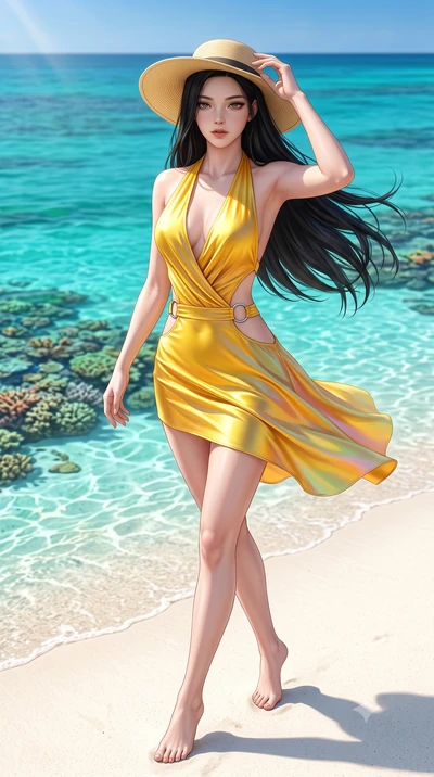 score_9, masterpiece, best quality, ultra-detailed, high-budget anime keyframe, semi-realistic 3D game render, editorial fashion photography, tasteful artistic composition, Korean woman. low angle full-body shot from head to toe showing her feet, fil