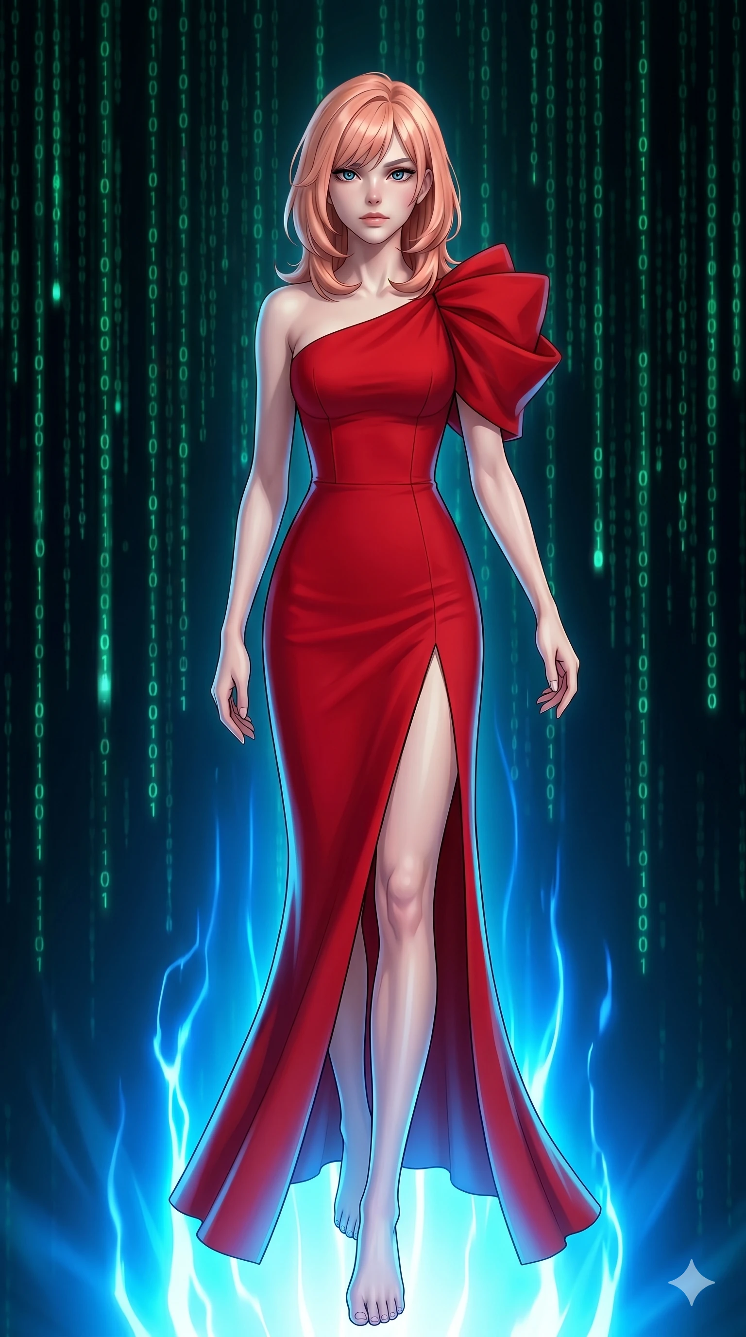 score_9, masterpiece, best quality, ultra-detailed, high-budget anime keyframe, editorial fashion photography, tasteful artistic composition, Japanese woman. low angle full-body shot from head to toe showing her feet, filling the entire 9:16 vertical frame with her statuesque presence, stretching her vertical silhouette. Descending like royalty with one hand trailing behind her inside a digital void where streams of binary light rain gently in emerald green cascades. She has an absolutely perfect 8-heads proportion, an exceptionally tall and slender female figure with impossibly long slender legs and an ultra-slim waist. V-shaped jawline, high-bridge nose, intricate jewel-like eyes with depth, thick eyelashes, glossy lips with a natural sheen. wearing a scarlet red crepe floor-length one-shoulder gown with a structured fitted bodice, a bold side slit ascending to mid-thigh, and dramatic architectural volume at the shoulder. highlighted by pulsing electric blue plasma arc lighting from below, casting dramatic upward shadows. 2k, ultra detail, master piece, 9:16 ratio