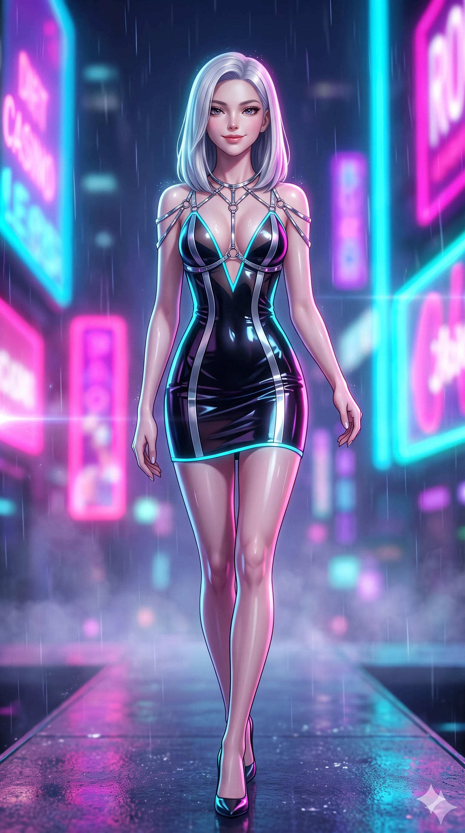 score_9, masterpiece, best quality, ultra-detailed, high-budget anime keyframe, semi-realistic 3D game render, editorial fashion photography, tasteful artistic composition, Korean woman. low angle full-body shot from head to toe showing her feet, filling the entire 9:16 vertical frame with her statuesque presence, stretching her vertical silhouette. stepping forward in a confident stride along the catwalk, her long slender legs and curvaceous hips creating a dynamic, sweeping vertical line while twisting her slender torso in an alluring contrapposto, vibrant magenta and electric cyan billboard glows tracing her narrow waist and curvy hips. The background shows a soft-focus light rain mist softened in cyber casino terrace shallow focus. She has an absolutely perfect, statuesque 8.5-heads proportion, an exceptionally tall and slender model-like female figure with impossibly long slender legs, an ultra-slim waist, a flat toned midriff, narrow delicate ribcage, and beautifully sculpted feminine hips creating a graceful, slim hourglass silhouette without any bulky heaviness. sharp v-shaped jawline, high-bridge nose, intricate jewel-like sparkling eyes with depth, thick eyelashes, glossy parted lips with a natural sheen, bright confident smile with an enchanting and coquettish sensual glint, exuding both youthful magnetic charm and sovereign high-tech allure, flawlessly proportioned anatomical accuracy, strict slender model proportions, natural body alignment, perfectly sculpted long slender limbs, ultra-slim waistline, clean dynamic posture without body distortion. wearing a plunge-front sheer illusion technical mesh slip dress with liquid platinum ribbon stripes hugging her curves in matte obsidian black and glowing neon cyan trim, tailored from ultra-reflective glossy liquid vinyl with mirror-like specular highlights, accented with a chrome-drop body harness subtly framing her dewy collarbones and spine, the impeccably tailored cut draping gracefully along her slender figure with aristocratic poise. bathed in the vibrant, highly saturated glow of magenta, electric cyan, and ultraviolet neon billboards. highly saturated vibrant anime colors, detailed shading with soft gradients, rich glossy textures, high-contrast stereoscopic depth, volumetric dynamic lighting, master piece, 9:16 ratio
