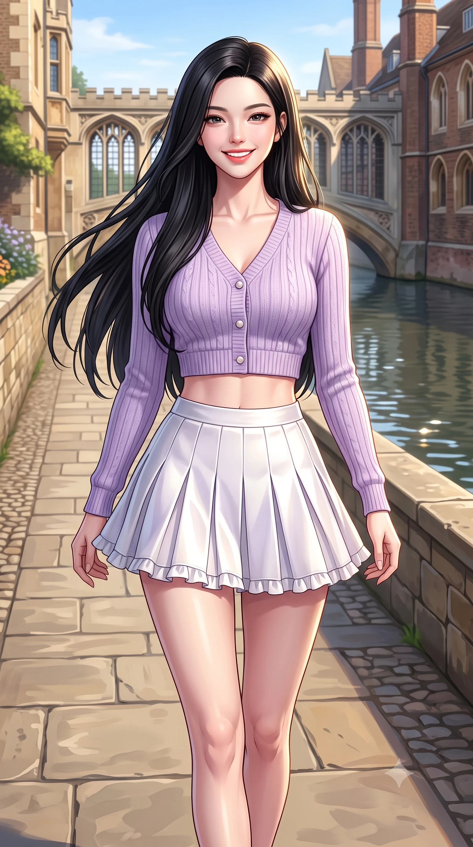 score_9, masterpiece, best quality, ultra-detailed, high-budget anime keyframe, semi-realistic 3D game render, editorial fashion photography, tasteful artistic composition, Korean woman. close-up cowboy shot from the waist and thighs up, the character dominates the composition, filling the frame with her large presence. turning playfully with a bright confident smile, her glossy hair tossing in the breeze as her hips angle gracefully in a captivating contrapposto while walking gracefully down the stone collegiate path, her tailored chic outfit highlighting her narrow waist and feminine hips in the English sun. The surrounding environment is rendered in vivid detail and crisp panoramic clarity. detailed pastel cardigan texture, golden sun highlights on hair, and Queens' College architecture in high clarity. She has an exceptionally elegant, slender, and willowy female figure with an ultra-slim waist, flat toned midriff, narrow ribcage, and sculpted feminine hips creating an alluring, slim hourglass silhouette without bulk. sharp v-shaped jawline, high-bridge nose, intricate jewel-like sparkling eyes with depth, thick eyelashes, glossy parted lips with a natural peach sheen, bright cheerful beaming smile with an enchanting and coquettish sensual glint, exuding both youthful cute charm and seductive allure, flawlessly proportioned anatomical accuracy, strict slender model proportions, natural body alignment, perfectly sculpted long slender limbs, ultra-slim waistline, clean dynamic posture without body distortion. wearing a cropped pastel ribbed knit cardigan paired with an ultra-short high-waisted pleated tennis skirt clinging tightly to her curvy hips in delicate lavender violet and pearlescent white, made of smooth fluid silk satin with a delicate pearlescent sheen, finished with subtle ruffle trims and delicate pearl buttons, the glove-like silhouette tightly following the natural contour of her hips and long slender legs with youthful 8.5-heads elegance. illuminated by calm river water specular reflections accentuating her sculpted collarbones, ultra-slim waist, and curvy hips. highly saturated vibrant anime colors, detailed shading with soft gradients, rich glossy textures, high-contrast stereoscopic depth, volumetric dynamic lighting, master piece, 9:16 ratio