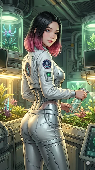 score_9, masterpiece, best quality, ultra-detailed, high-budget anime keyframe, semi-realistic 3D game render, Korean woman. Upper body close-up from the thighs up, character filling the screen for maximum presence. Inside a space station biological 
