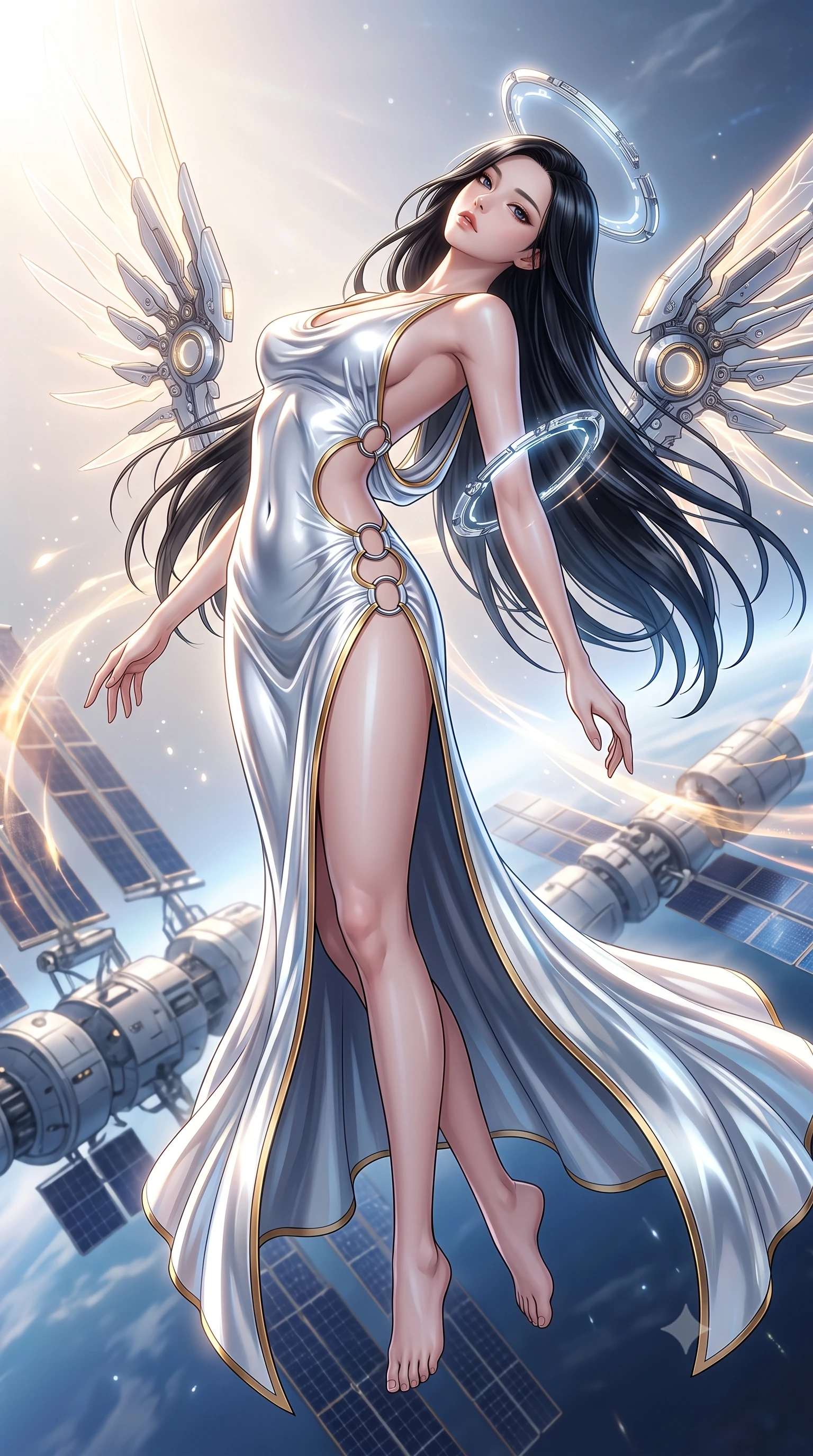score_9, masterpiece, best quality, ultra-detailed, high-budget anime keyframe, editorial fashion photography, tasteful artistic composition, Korean woman. low angle full-body shot from head to toe showing her feet, filling the entire 9:16 vertical frame with her statuesque presence, stretching her vertical silhouette. arching her back gracefully in mid-air as glowing mechanical wings and floating cybernetic halos frame her statuesque presence while arching her spine in a fluid zero-gravity turn as solar wind flares and cosmic rays trace her statuesque silhouette. The composition keeps background elements in soft focus with creamy bokeh. orbital solar array trusses and satellite modules softened in smooth cosmic atmospheric focus. She has an absolutely perfect, statuesque 8.5-heads proportion, an exceptionally tall and slender model-like female figure with impossibly long slender legs, a toned flat midriff, and an ultra-slim waist. sharp v-shaped jawline, high-bridge nose, intricate jewel-like eyes with depth, thick eyelashes, glossy lips with a natural sheen, flawlessly proportioned anatomical accuracy, strict slender model proportions, natural body alignment, perfectly sculpted long slender limbs, ultra-slim waistline, clean dynamic posture without body distortion. wearing a precision-fitted liquid jersey bodycon gown in radiant chrome and white, featuring an open cowl back and high side slit in pristine liquid pearl white and radiant solar gold trim, crafted from ultra-reflective second-skin liquid metal with a mirror-like polish, detailed with polished silver rings connecting the daring side-waist cutouts, the form-contouring material adhering flawlessly to her sculpted flat midriff and slender torso, emphasizing her long leg lines and perfectly proportioned willowy build. bathed in dazzling high-noon orbital sunlight and rich blue planetary ambient bounce light. ultra-reflective glossy finish, specular highlights, dark metallic sheen, high-contrast stereoscopic depth, volumetric dynamic lighting, 2k, ultra detail, master piece, 9:16 ratio