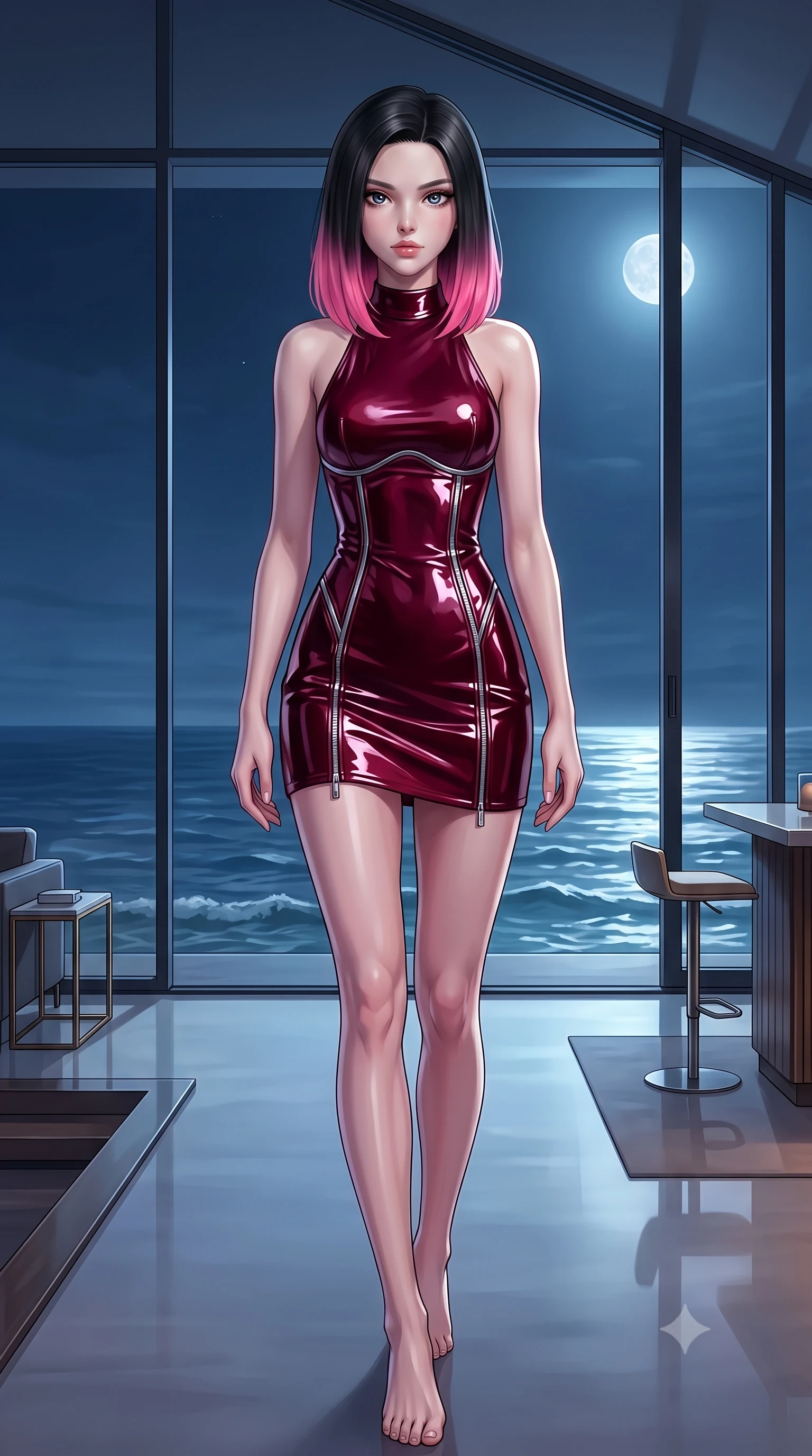 score_9, masterpiece, best quality, ultra-detailed, high-budget anime keyframe, editorial fashion photography, tasteful artistic composition, Korean woman. low angle full-body shot from head to toe showing her feet, filling the entire 9:16 vertical frame with her statuesque presence, stretching her vertical silhouette. stepping gracefully through the luxurious environment, stretching her statuesque silhouette, poised before a floor-to-ceiling glass bay looking out over calm moonlit ocean waves, magnetic tranquility with intense visual presence. She has an absolutely perfect, statuesque 8.5-heads proportion, an exceptionally tall and slender model-like female figure with impossibly long slender legs and an ultra-slim waist. sharp v-shaped jawline, high-bridge nose, intricate jewel-like eyes with depth, thick eyelashes, glossy lips with a natural sheen. wearing backless liquid vinyl mini slip dress with bare shoulder halter neckline in deep crimson burgundy, made of high-gloss liquid vinyl, finished with metallic silver boning and sleek zipper points, accentuating her gracefully sculpted slender torso. lit by quiet moonlight key rays piercing through dark ocean air. highly saturated vibrant anime colors, detailed shading with soft gradients, rich glossy textures, high-contrast stereoscopic depth, volumetric dynamic lighting, master piece, 9:16 ratio