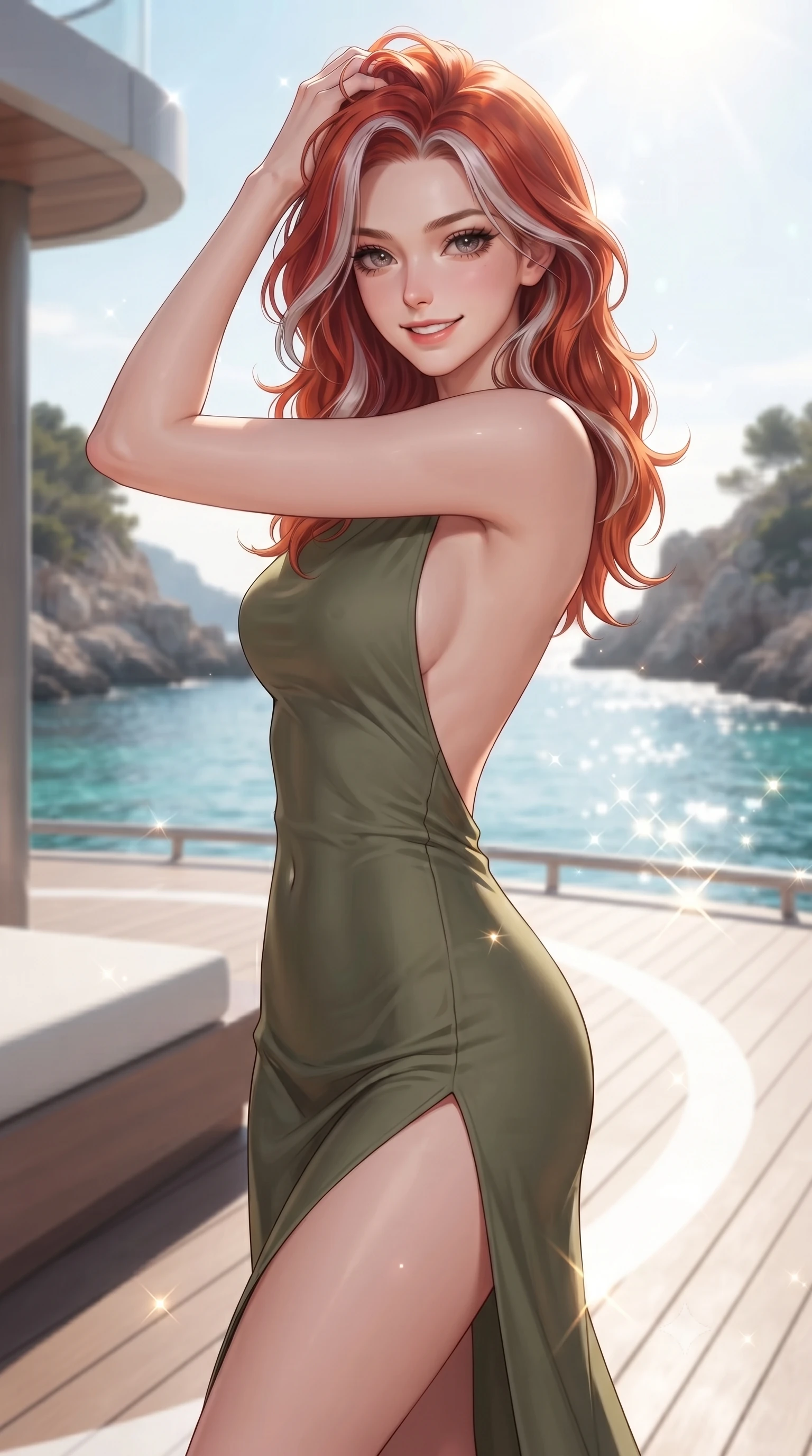 score_9, masterpiece, best quality, ultra-detailed, high-budget anime keyframe, editorial fashion photography, tasteful artistic composition, Caucasian woman. close-up cowboy shot from the waist and thighs up, the character dominates the composition, filling the frame with her large presence, background elements kept in soft focus. smiling with quiet, magnetic self-assurance directly into the camera, running a hand through her hair the background shows a soft-focus a quiet coastal helipad deck overlooking a rocky bay with turquoise water. She has an exceptionally elegant, slender, and willowy female figure with an ultra-slim waist, a gracefully sculpted slender torso, and a refined silhouette. sharp v-shaped jawline, high-bridge nose, intricate jewel-like eyes with depth, thick eyelashes, glossy lips with a natural sheen. wearing a body-hugging dramatic open-back maxi dress in olive green, featuring a high thigh slit. bright morning sun rays creating sparkling glints on the sea and the deck. ultra-reflective glossy finish, specular highlights, metallic sheen, high-contrast stereoscopic depth, volumetric dynamic lighting, 2k, ultra detail, master piece, 9:16 ratio