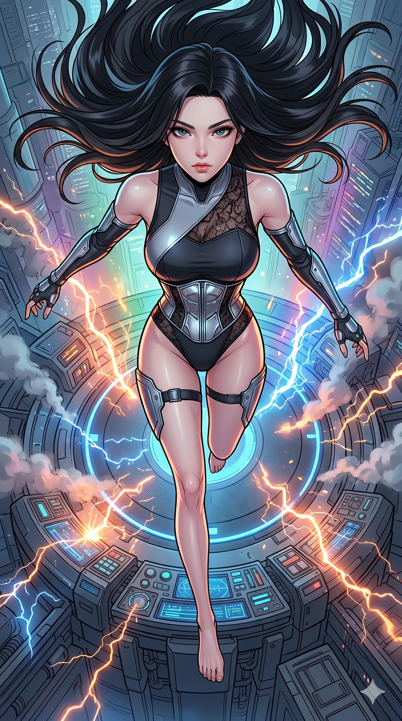 score_9, masterpiece, best quality, ultra-detailed, high-budget anime movie keyframe, cinematic anime lighting, intricate line art, Korean anime girl. Extreme high angle shot as she leaps towards the camera, filling the frame. operating a teleportation pad that starts to malfunction and spark. She has an absolutely perfect 8-heads proportion, an exceptionally tall and slender female figure with an ultra-slim waist and impossibly long slender legs. strictly human anatomy, two legs only, no extra limbs, clearly defined legs and arms, perfect anatomy, perfect hands and fingers. sharp v-shaped jawline, high-bridge nose, intricate jewel-like eyes, thick eyelashes, glossy lips. Wearing Cyber-Tech Legacy: Asymmetrical high-cut tech-bodysuit with detached sleeves and chrome-plated corset over sheer lace. The scene is illuminated by dramatic atmospheric lighting and vibrant color palettes. , 2k, ultra detail, master piece, 9:16 ratio