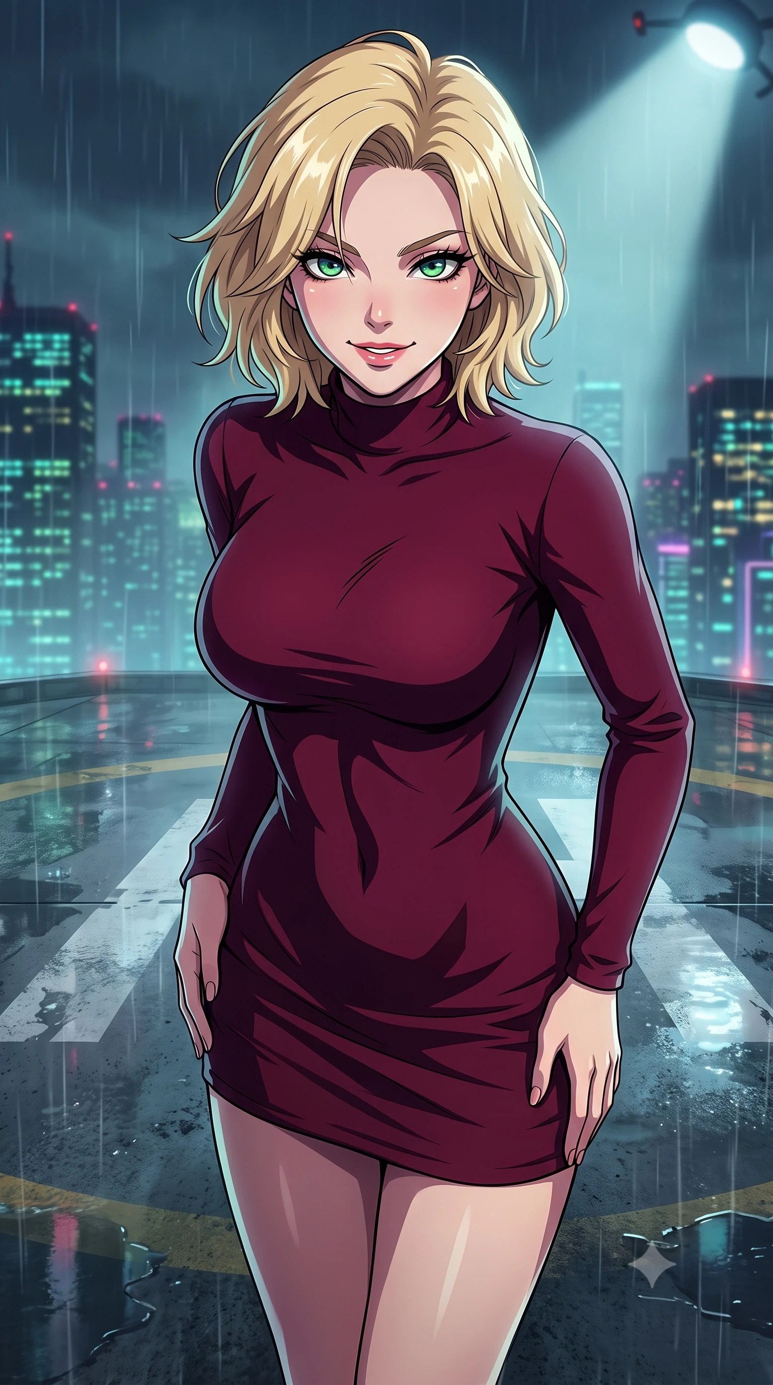 score_9, masterpiece, best quality, ultra-detailed, high-budget anime keyframe, tasteful artistic composition, Caucasian woman. close-up cowboy shot from the waist and thighs up, the character dominates the composition, filling the frame with her large presence, background elements kept in soft focus. leaning slightly forward with a playful, teasing smile, her gaze locked onto the viewer the background shows a soft-focus a misty rooftop helipad overlooking a neon-grid skyline during a midnight drizzle. She has an exceptionally elegant, slender, and willowy female figure with an ultra-slim waist, a gracefully sculpted slender torso, and a refined silhouette. sharp v-shaped jawline, high-bridge nose, intricate jewel-like eyes with depth, thick eyelashes, glossy lips with a natural sheen. wearing a body-hugging form-contouring bodycon sweater dress in deep burgundy, featuring a snug mock-neck. volumetric spotlight from a hovering search drone casting dramatic shadows. highly saturated vibrant anime colors, cel-shading, 2d style, master piece, 9:16 ratio