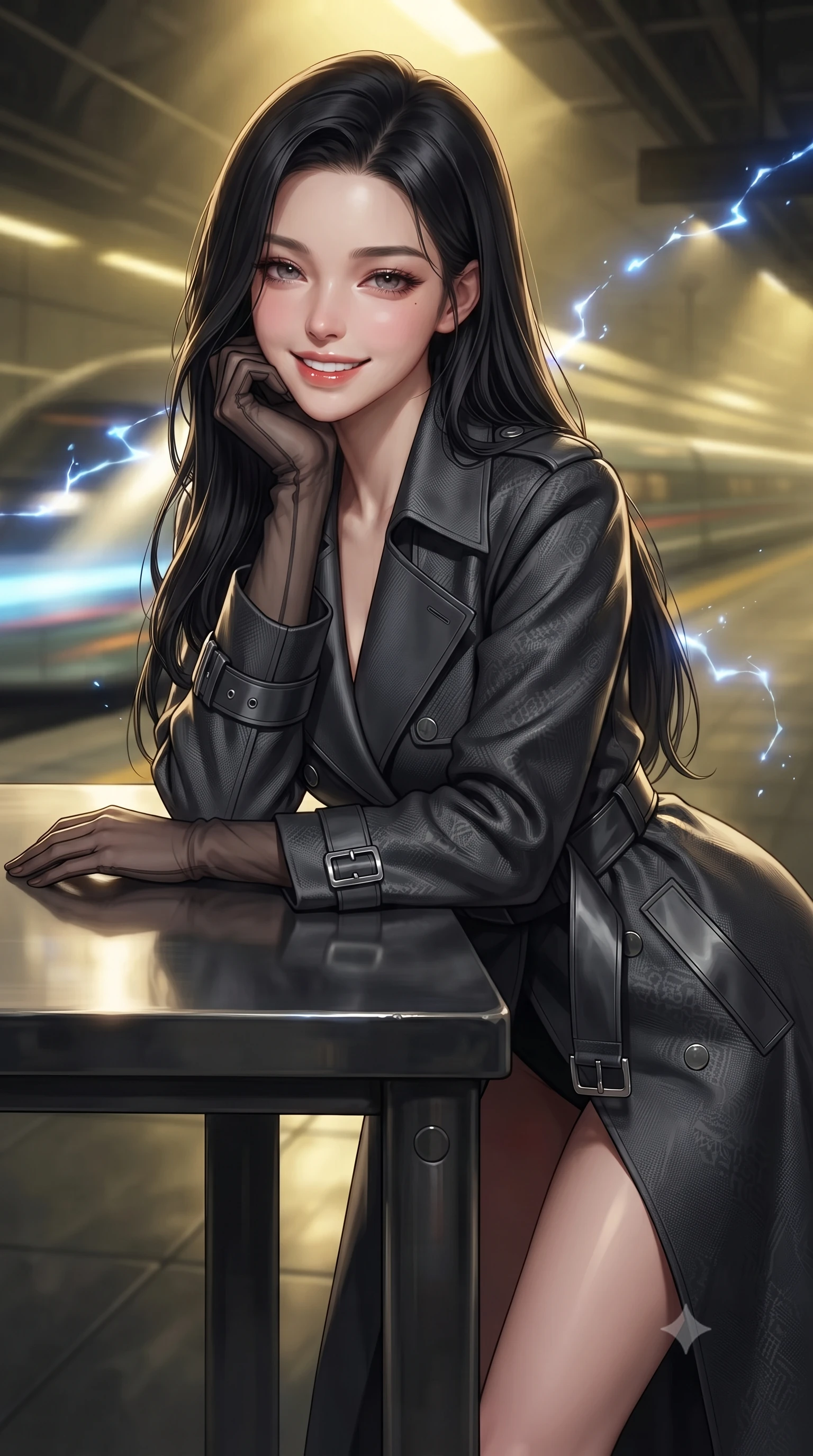 score_9, masterpiece, best quality, ultra-detailed, high-budget anime keyframe, editorial fashion photography, tasteful artistic composition, Korean woman. close-up cowboy shot from the waist and thighs up, the character dominates the composition, filling the frame with her large presence. resting one elbow on the table and supporting her chin, leaning close to the camera with heavy-lidded sparkling eyes and parted lips while standing poised on the industrial steel catwalk suspended over the massive maglev junction, arching her spine with commanding haute-couture presence as high-speed trains shoot past. The background shows a soft-focus industrial ozone haze softened in subterranean transit hub shallow focus. She has an exceptionally elegant, slender, and willowy female figure with an ultra-slim waist, flat toned midriff, narrow ribcage, and sculpted feminine hips creating an alluring, slim hourglass silhouette without bulk. sharp v-shaped jawline, high-bridge nose, intricate jewel-like sparkling eyes with depth, thick eyelashes, glossy parted lips with a natural peach sheen, bright cheerful beaming smile with an enchanting and coquettish sensual glint, exuding both youthful cute charm and seductive allure, flawlessly proportioned anatomical accuracy, strict slender model proportions, natural body alignment, perfectly sculpted long slender limbs, ultra-slim waistline, clean dynamic posture without body distortion. wearing a bespoke tactical commander trench coat in matte carbon-weave with magnetic utility buckles, storm flaps, and high standing collar in liquid mercury chrome and stealth charcoal, woven from structured carbon-fiber jacquard with rich textural depth, complemented by sheer opera-length evening gloves tracing her slender arms, the impeccably tailored cut draping gracefully along her slender figure with aristocratic poise. bathed in high-contrast industrial sodium-vapor yellow lighting punctuated by bright blue electrical spark flashes. ultra-reflective glossy finish, specular highlights, rich textural contrasts, high-contrast stereoscopic depth, volumetric dynamic lighting, 2k, ultra detail, master piece, 9:16 ratio