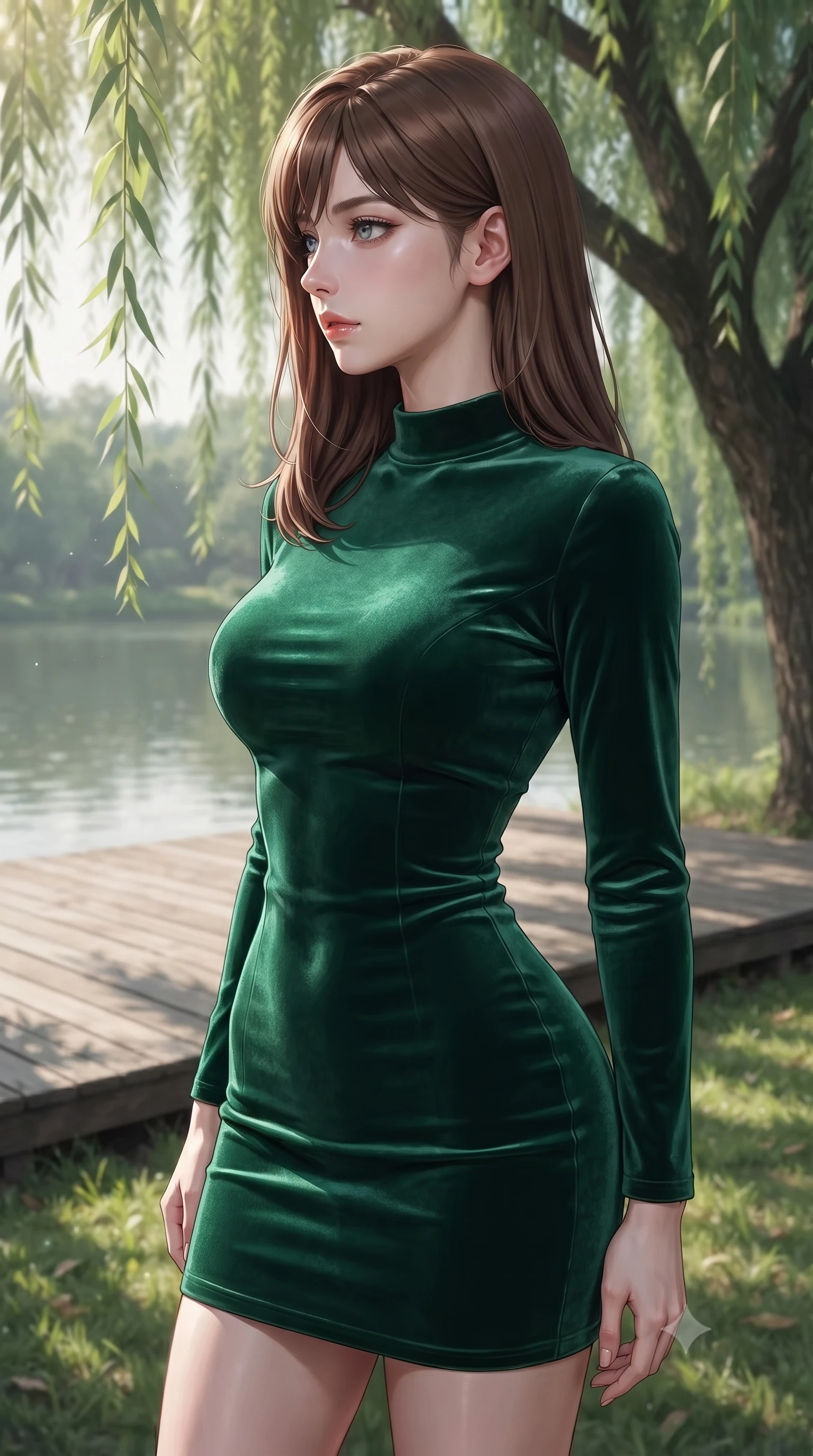 score_9, masterpiece, best quality, ultra-detailed, high-budget anime keyframe, editorial fashion photography, tasteful artistic composition, Korean woman woman. close-up cowboy shot from the waist and thighs up, the character dominates the composition, filling the frame with her large presence, background elements kept in soft focus. turning her face in sharp profile, casting a cold, mysterious, yet intensely alluring side gaze, the background shows a soft-focus a wooden deck under a large willow tree near a calm lake in a private park. She has an exceptionally elegant, slender, and willowy female figure with an ultra-slim waist, a gracefully sculpted slender torso, and a refined silhouette. sharp v-shaped jawline, high-bridge nose, intricate jewel-like eyes with depth, thick eyelashes, glossy lips with a natural sheen. wearing a tailored body-hugging emerald green velvet dress with a simple mock-neck collar. dappled sunbeams filtering through the willow leaves onto the grass. ultra-reflective glossy finish, specular highlights, metallic sheen, high-contrast stereoscopic depth, volumetric dynamic lighting, 2k, ultra detail, master piece, 9:16 ratio