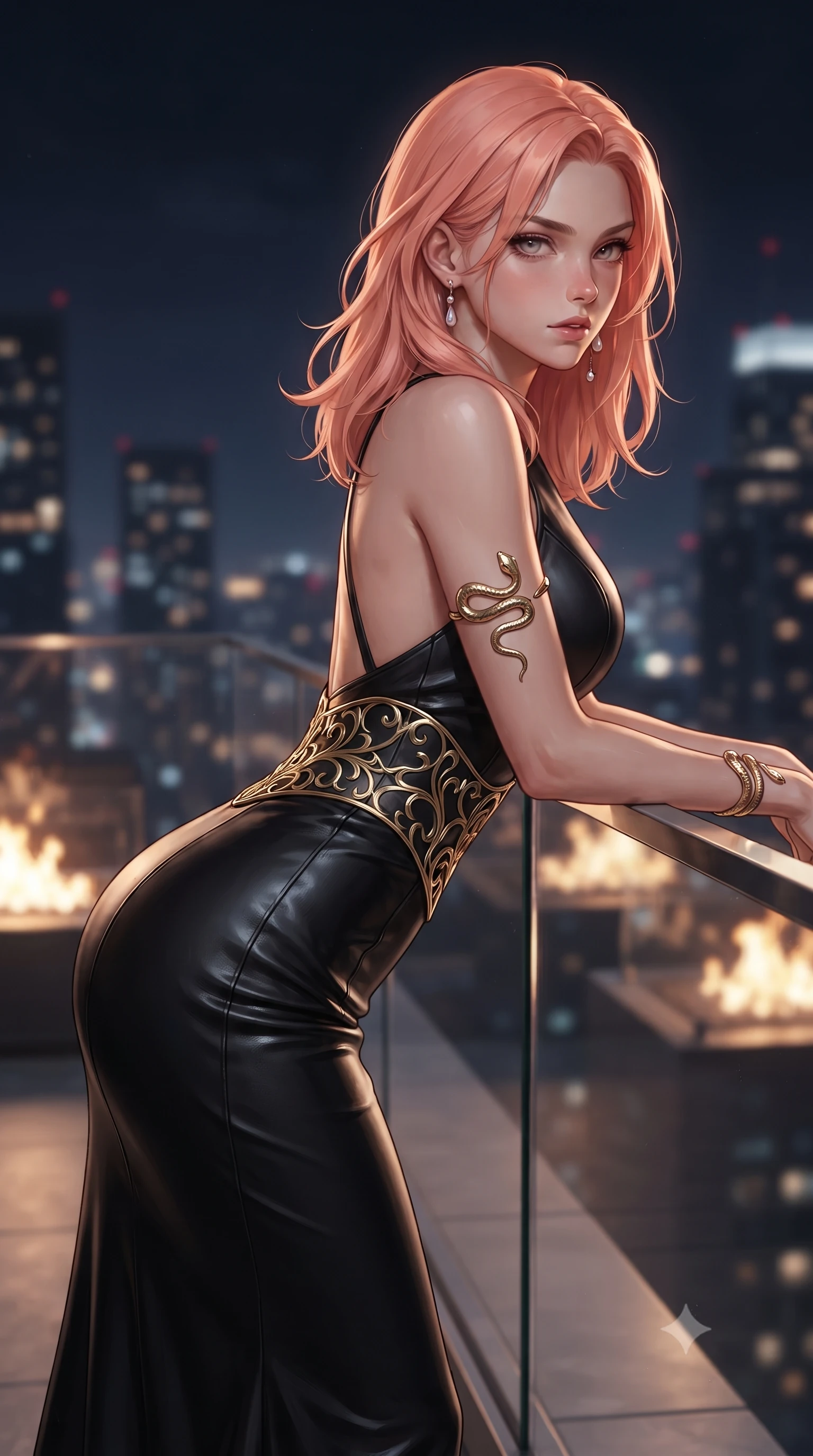 score_9, masterpiece, best quality, ultra-detailed, high-budget anime keyframe, editorial fashion photography, tasteful artistic composition, Japanese woman. close-up cowboy shot from the waist and thighs up, the character dominates the composition, filling the frame with her large presence. leaning forward against the polished railing with her hips cocked back, creating an intoxicating curve from her narrow waist to sculpted hips as she gazes back into the lens while stretching languidly across an oversized circular lounge daybed, spine arched as warm midnight city light illuminates her sculpted hip silhouette. The composition keeps background elements in soft focus with creamy bokeh. glass terrace architecture and glowing fire pits softened in glamorous shallow depth of field. She has an exceptionally elegant, slender, and willowy female figure with an ultra-slim waist, a gracefully sculpted slender torso, toned flat midriff, and rounded feminine hips creating an alluring hourglass silhouette. sharp v-shaped jawline, high-bridge nose, intricate jewel-like eyes with depth, thick eyelashes, glossy parted lips with a natural sheen, intensely captivating and seductive bedroom-eyes expression, flawlessly proportioned anatomical accuracy, strict slender model proportions, natural body alignment, perfectly sculpted long slender limbs, ultra-slim waistline, clean dynamic posture without body distortion. wearing a sleek obsidian column dress with gold filigree hip cincher and plunging backline in champagne ivory and delicate rose gold, crafted from second-skin supple lambskin leather with specular sheen, accented with a sculptured gold serpent armlet and pearl drop earrings, the second-skin form-contouring cut accentuating her sculpted flat midriff, narrow waistline, and dramatically curvy hips without adding bulk. surrounded by a cosmopolitan, elite, and intensely magnetic modern royalty aura. ultra-reflective glossy finish, specular highlights, rich textural contrasts, high-contrast stereoscopic depth, volumetric dynamic lighting, 2k, ultra detail, master piece, 9:16 ratio