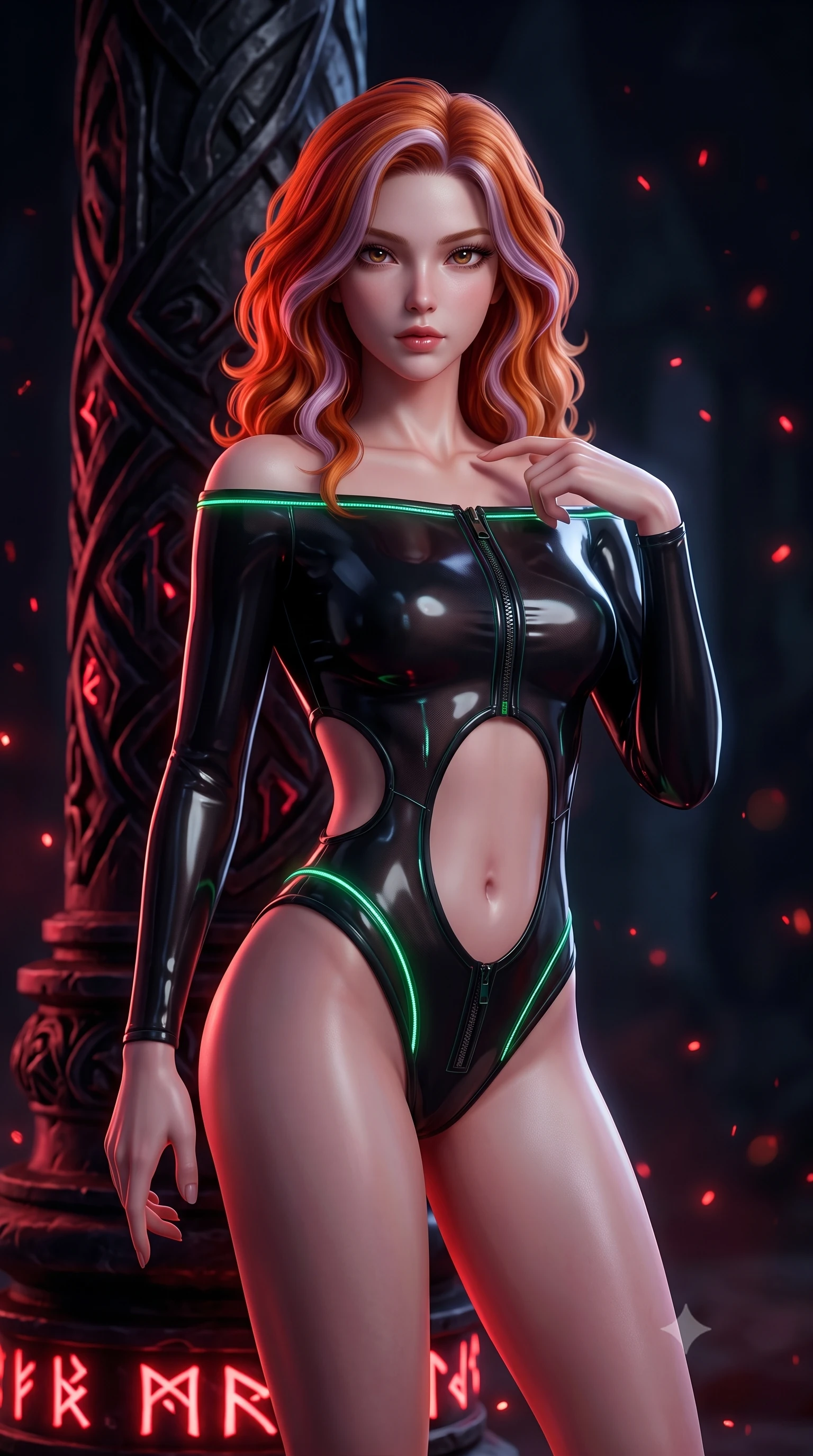 score_9, masterpiece, best quality, ultra-detailed, high-budget anime keyframe, semi-realistic 3D game render, editorial fashion photography, tasteful artistic composition, Caucasian woman. close-up cowboy shot from the waist and thighs up, the character dominates the composition, filling the frame with her large presence. leaning forward with a dangerous, enticing smolder, trailing one finger slowly along her bare collarbone while casting a fiery, magnetic direct gaze while pivoting dynamically beside a colossal carved obsidian pillar with one hand trailing down her hip in a tempting gesture. The composition keeps background elements in soft focus with creamy bokeh. floating red ember particles scattering soft glowing glints across a shadowy background. She has an exceptionally elegant, slender, and willowy female figure with an ultra-slim waist, a gracefully sculpted slender torso, toned flat midriff, and a refined slim silhouette. sharp v-shaped jawline, high-bridge nose, intricate jewel-like eyes with depth, thick eyelashes, glossy lips with a natural sheen, flawlessly proportioned anatomical accuracy, strict slender model proportions, natural body alignment, perfectly sculpted long slender limbs, ultra-slim waistline, clean dynamic posture without body distortion. wearing a glossy black second-skin latex bodysuit with high-thigh cuts, exposed clavicle neckline, and gleaming dark zipper details in high-gloss lacquer black and electric emerald highlights, tailored from semi-translucent dark cybernetic vinyl with subtle glowing micro-filaments, accented with glowing fiber-optic seams tracing her collarbones and hip curves in the gloom, the precision-cut daring openings accentuating her delicate midriff, graceful bare collarbones, and ultra-slim feminine waistline. bathed in glowing crimson rune uplights and deep obsidian shadow contrast. rich saturated anime colors with deep moody shadows, detailed chiaroscuro shading with soft gradients, rich glossy textures, high-contrast stereoscopic depth, volumetric dynamic shadow lighting, master piece, 9:16 ratio