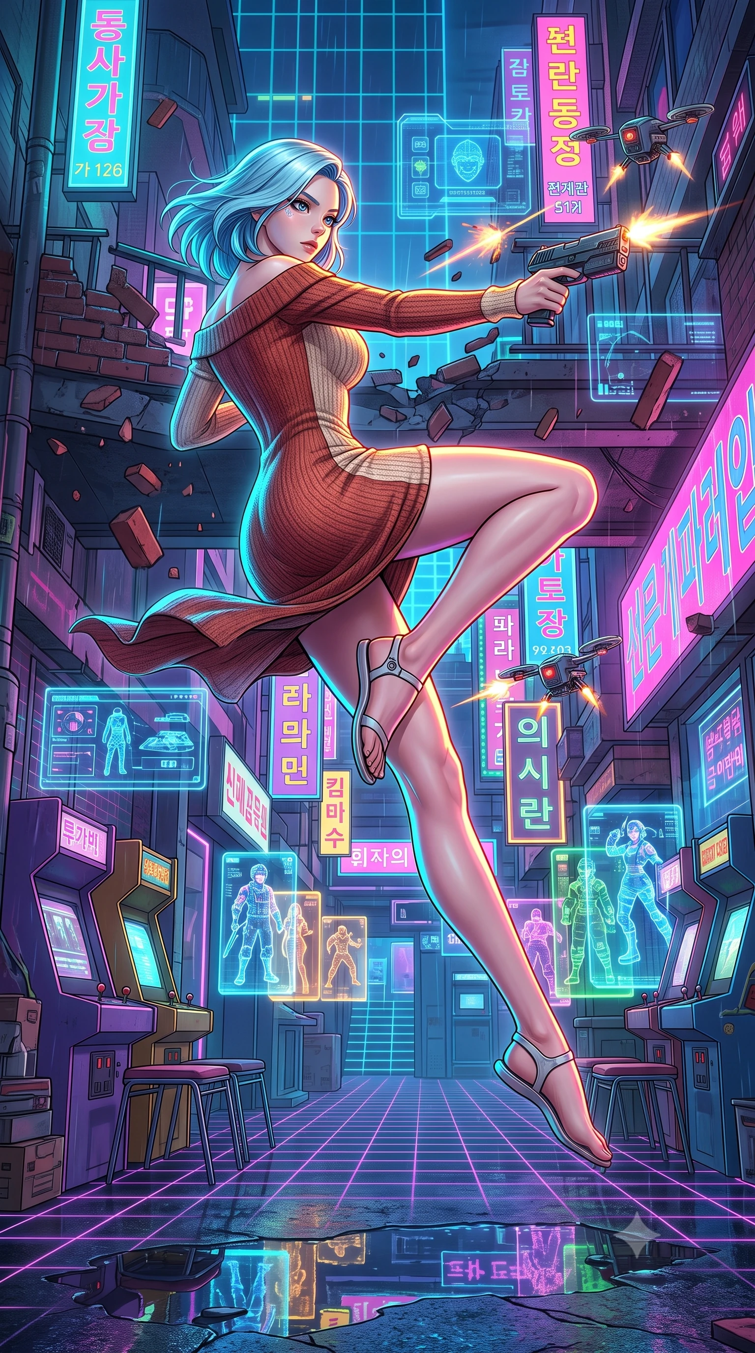 score_9, masterpiece, best quality, ultra-detailed, high-budget anime keyframe, editorial fashion photography, tasteful artistic composition, Korean woman. low angle full-body shot from head to toe showing her feet, filling the entire 9:16 vertical frame with her statuesque presence, stretching her vertical silhouette. leaping dynamically off a collapsing sky-bridge while firing back at security drones through a narrow street lined with retro-futuristic arcade machines, neon grids and holographic game characters floating in front of shops. She has a statuesque 8.5-heads proportion, an exceptionally tall, slender and willowy model-like build with impossibly long legs and a highly sculpted ultra-slim waist. sharp v-shaped jawline, high-bridge nose, intricate jewel-like eyes with depth, thick eyelashes, glossy lips with a natural sheen. wearing the lightweight fabric rippling and billowing dramatically with her movement, a slim-fit off-shoulder fitted sweater dress in a two-tone weave of terracotta and cream wool, conforming to her slender willowy silhouette. highly saturated vibrant anime colors, intense vivid color palette, soft 3D volumetric shading, volumetric dynamic lighting, brilliant cinematic volumetric lighting with intense neon rim light outlining her form. 2k, ultra detail, master piece, 9:16 ratio