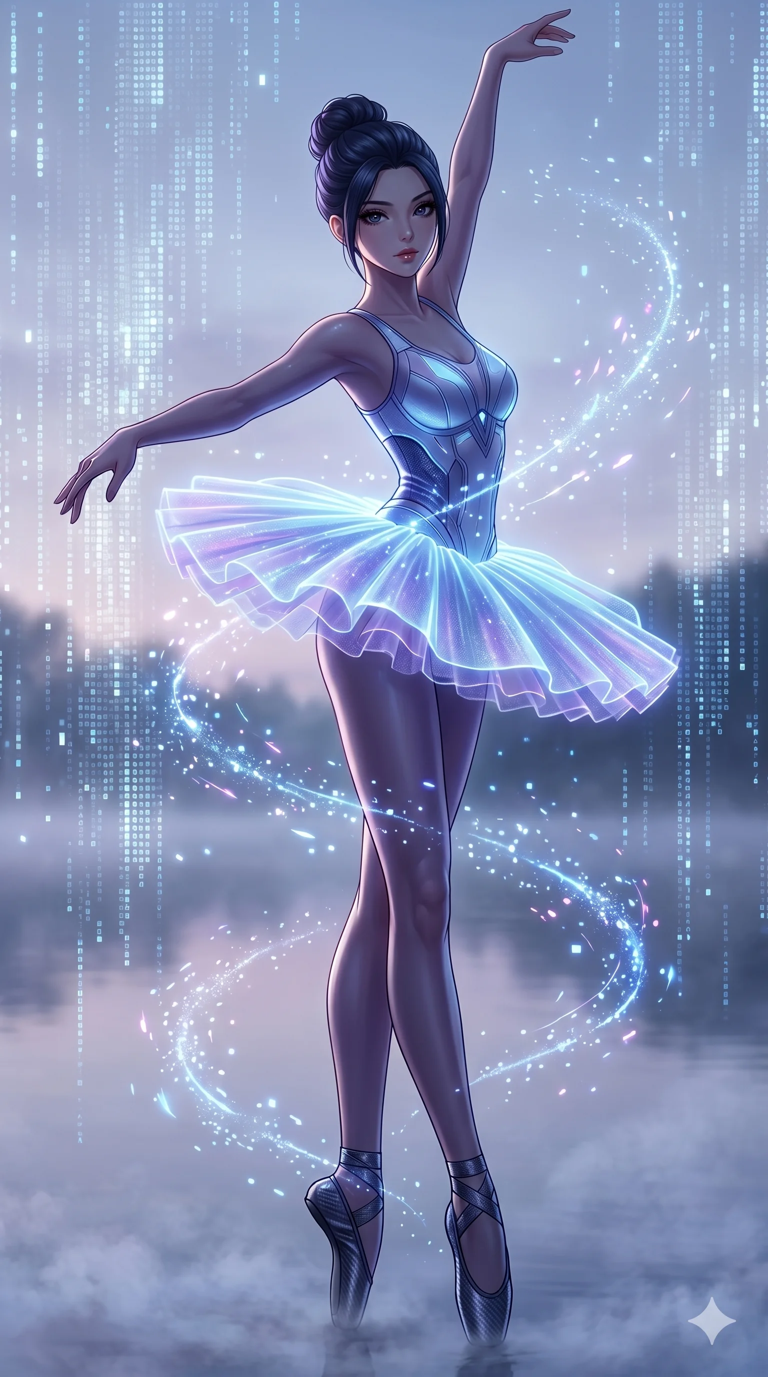 score_9, masterpiece, best quality, ultra-detailed, Set A: High-budget Anime Keyframe, Caucasian (strictly human ears) woman. Upper body close-up from the thighs up, character filling the screen for maximum presence. Dancing through a misty lakeside at dawn, while a digital blizzard of 269 bits obscures the horizon and surrounded by glowing energy sparks. She has an absolutely perfect 8-heads proportion, an exceptionally tall and slender female figure with impossibly long slender legs and an ultra-slim waist. Sharp v-shaped jawline, high-bridge nose, intricate jewel-like eyes with depth, thick eyelashes, glossy lips with a natural sheen. Wearing Futuristic ballet outfit with a glowing tutu and carbon-fiber pointe shoes. Cinematic lighting, vibrant colors, dramatic shadows, 2k, ultra detail, master piece, 9:16 ratio