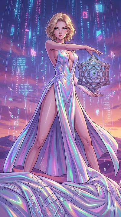 score_9, masterpiece, best quality, ultra-detailed, high-budget anime movie keyframe, cinematic anime lighting, intricate line art, Caucasian (strictly human ears) woman. Low angle cowboy shot filling the entire 9:16 frame with her statuesque presenc
